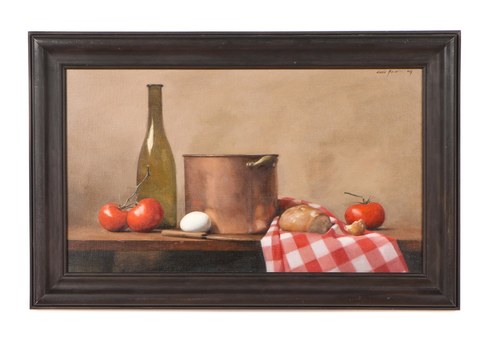 Carlo Russo (American, b.1976): Carlo Russo (American, b.1976) Still Life with Copper Pot," 2004, oil on canvas, signed and dated. Framed. Size:14'' x 24'', 36 x 61 cm (stretcher); 18.5'' x 28.5'', 47 x 72 cm (frame).