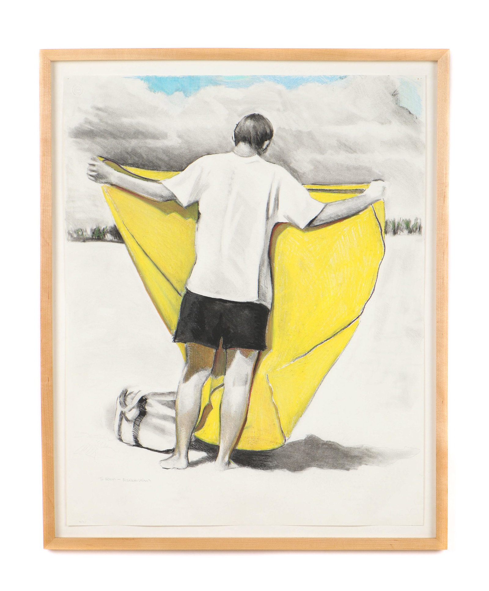 Elizabeth Wilson (American, 20th Century): Elizabeth Wilson (American, 20th Century) Untitled (Yellow Beach Blanket), c.1998, pastel on paper, inscribed and signed. Framed. Size: 29'' x 23'', 74 x 58 cm (sheet); 32.25'' x 26'', 82 x 66 cm (fra