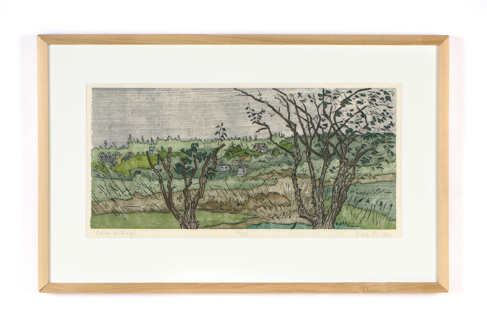 Dan Miller (American, b.1928) Maine Woodcut: Dan Miller (American, b.1928) "Corea Village (Maine)" woodcut, signed and titled. Ed. 12 of 35, verso. Framed. Size: 11'' x 23.75'', 28 x 60 cm (image); 20.25'' x 32.25'', 51 x 82 cm (frame).