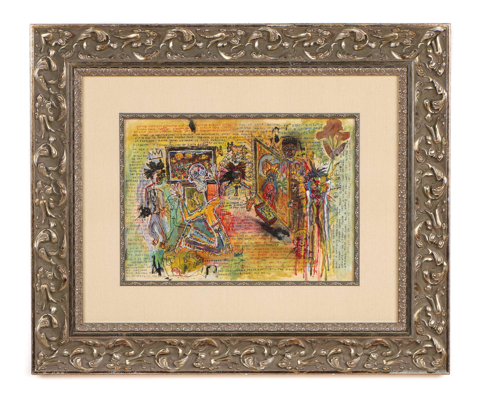 Manner of Jean Michel Basquiat (American, 1960-1988): Manner of Jean Michel Basquiat (American, 1960-1988) "Marcelo Suplicate Nativity," mixed media on board. Framed. Size: 11'' x 15.75'', 28 x 40 cm (sight); 24'' x 28.75'', 61 x 73 cm (frame).