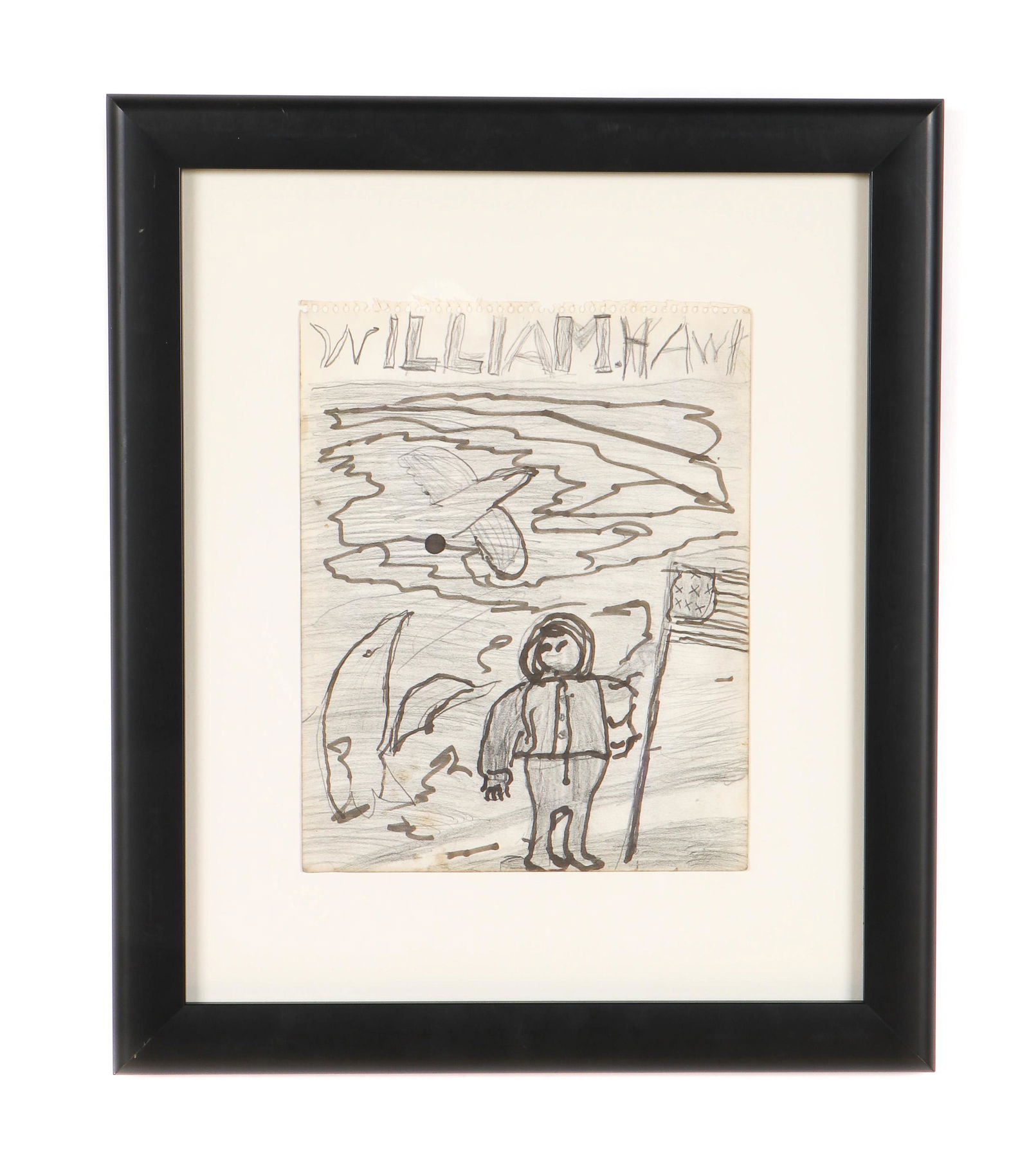 William Hawkins (1895-1990): William Hawkins (1895-1990) "Man on the Moon," circa 1987, graphite and marker drawing on paper, signed. Size: 14" x 11", 36 x 28 cm (sheet); 20.25" x 24", 51 x 61 cm (frame). Provenance: The artist;