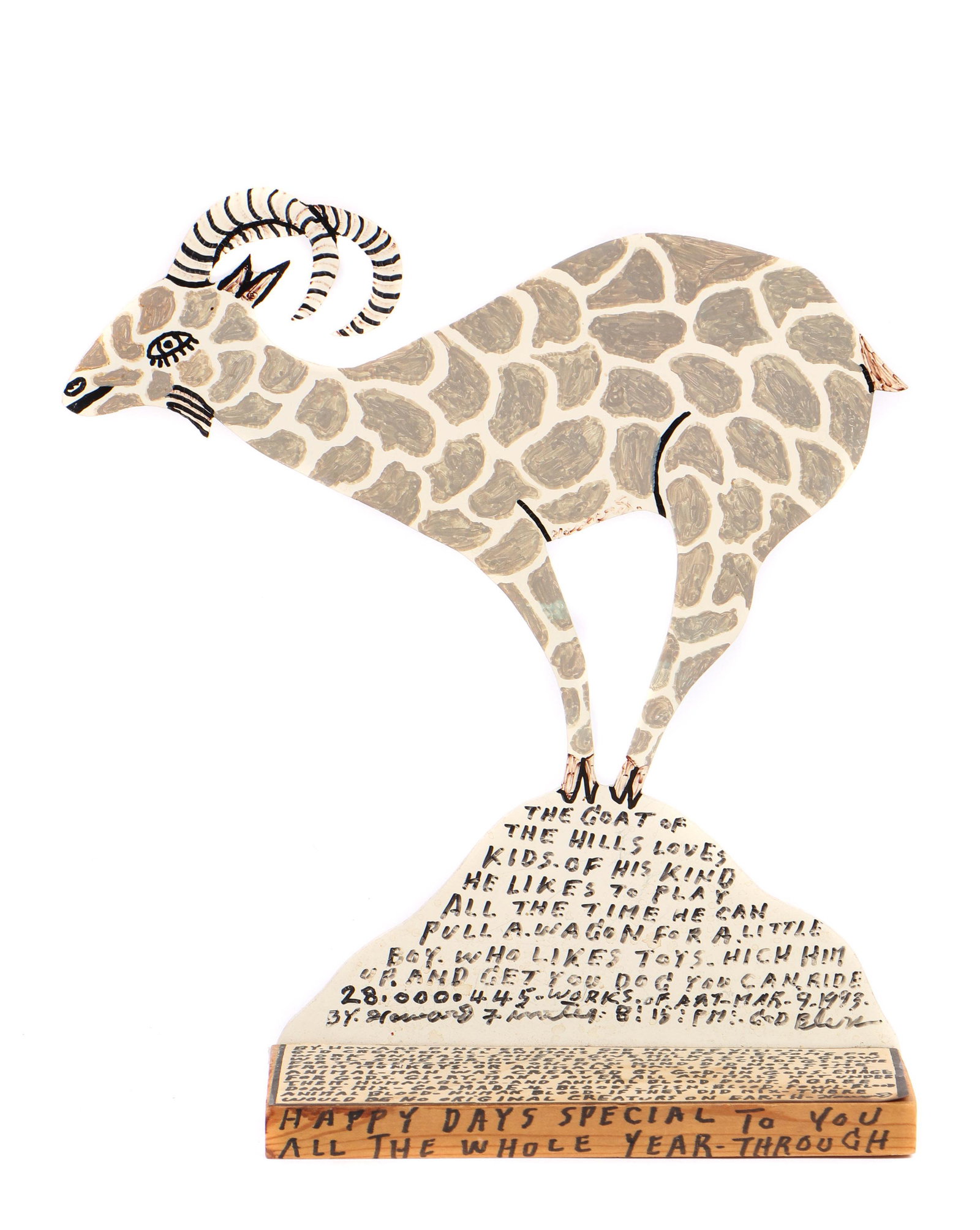 Howard Finster (American, 1916-2001): Howard Finster (American, 1916-2001) "Mountain Goat," 1993, paint on cutout board, signed, dated and numbered: #28,445. Size: 12.5'' x 12'' x 4'' (32 x 30 x 10 cm).
