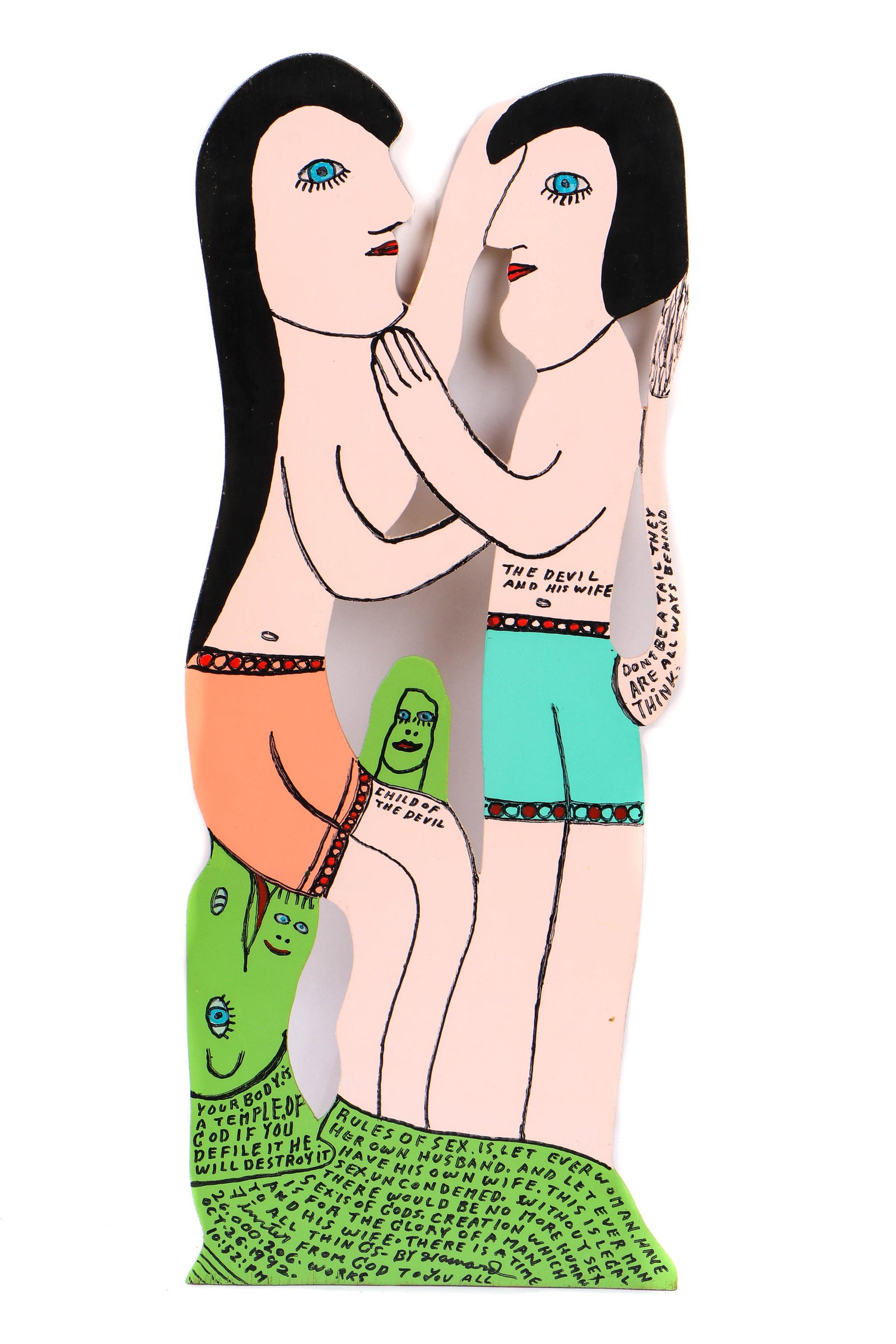 Howard Finster (American, 1916-2001): Howard Finster (American, 1916-2001) "The Devil and His Wife," #26,206, 1992, oil and marker on cut out board, signed and numbered. Size: 27.75'' x 11.25'' (70 x 29 cm).