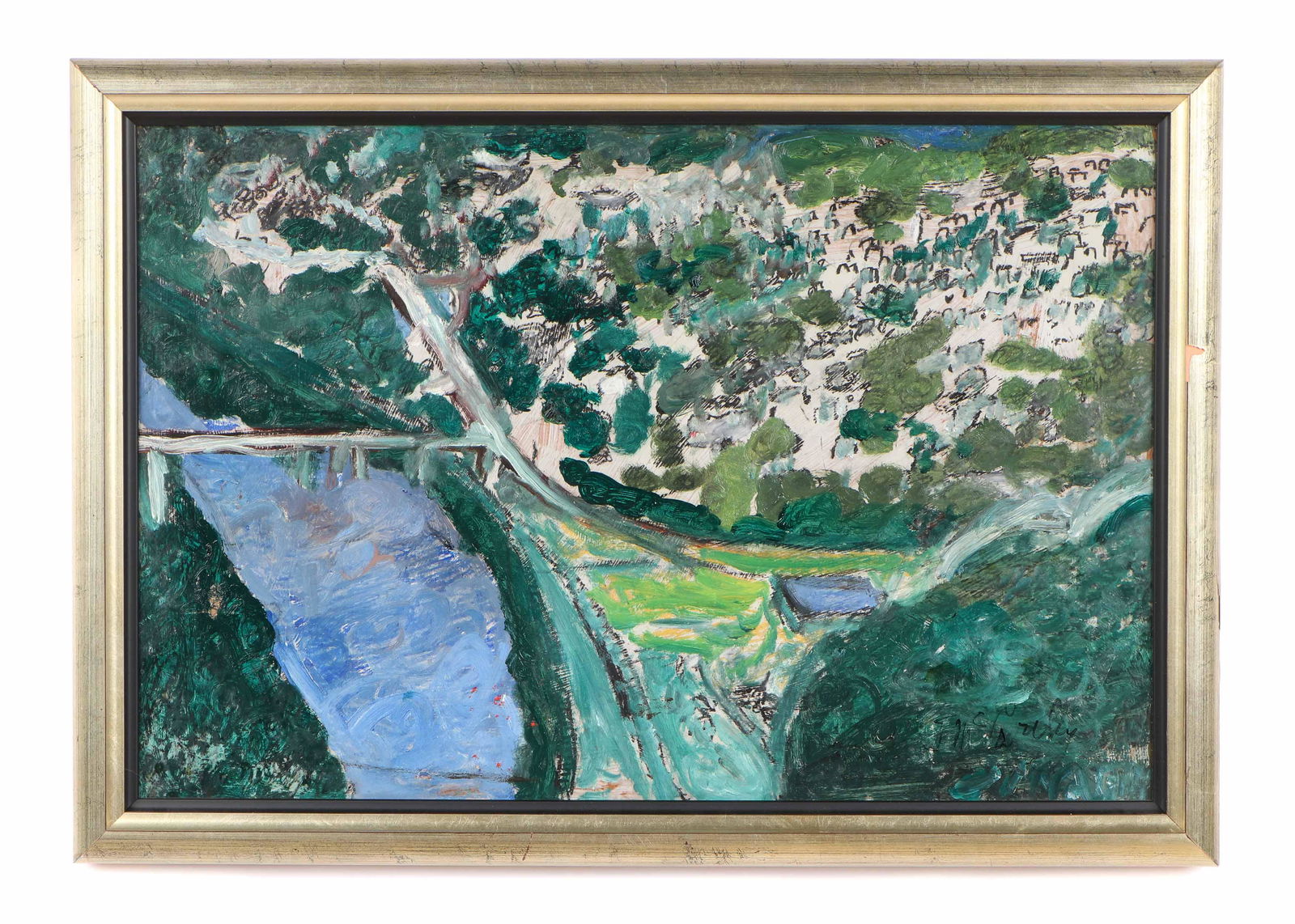 Justin McCarthy (American, 1891-1977): Justin McCarthy (American, 1891-1977) "River Town," c. 1960, oil on masonite, signed. Framed. Size: 16'' x 24'', 41 x 61 cm (board); 19'' x 27'', 48 x 69 cm (frame).