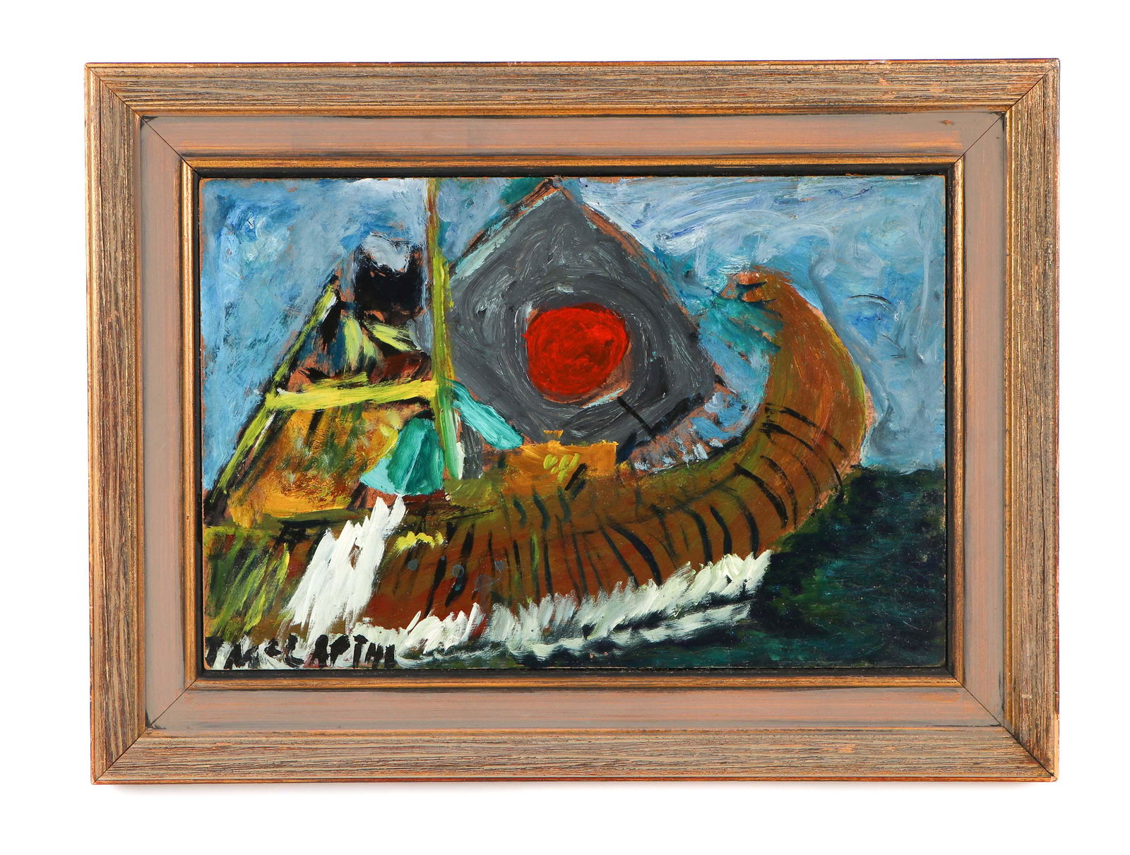 Justin McCarthy (American, 1891-1977): Justin McCarthy (American, 1891-1977) "Kon Tiki," oil on masonite, signed. Framed. Size: 16'' x 24'', 41 x 61 cm (board); 23'' x 31'', 58 x 79 cm (frame).