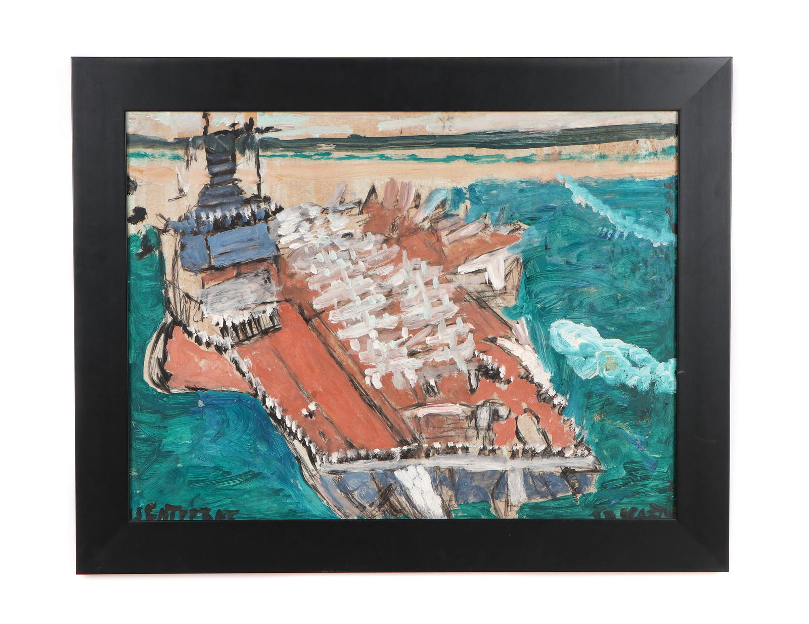 Justin McCarthy (American, 1891-1977): Justin McCarthy (American, 1891-1977) "Aircraft Carrier", oil on masonite, signed. Framed. Size: 17.5'' x 23.5'', 44 x 60 cm (sight); 22'' x 28'', 56 x 71 cm (frame). board.