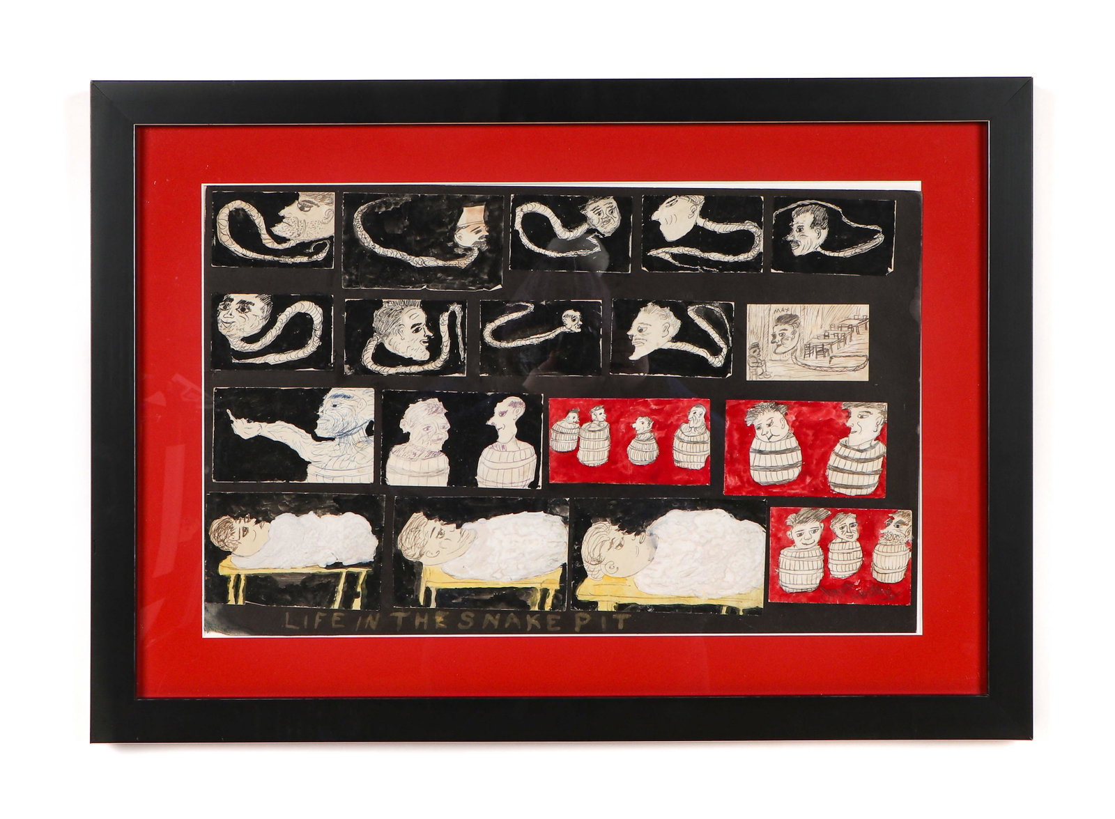 Justin McCarthy (American, 1891-1977): Justin McCarthy (American, 1891-1977) "Life in the Snake Pit," pencil and paint on cardboard, featuring 18 drawings. Provenance: Chuck and Jan Rosenak. Size: 13.75'' x 22.75'', 35 x 58 cm (sheet); 20.