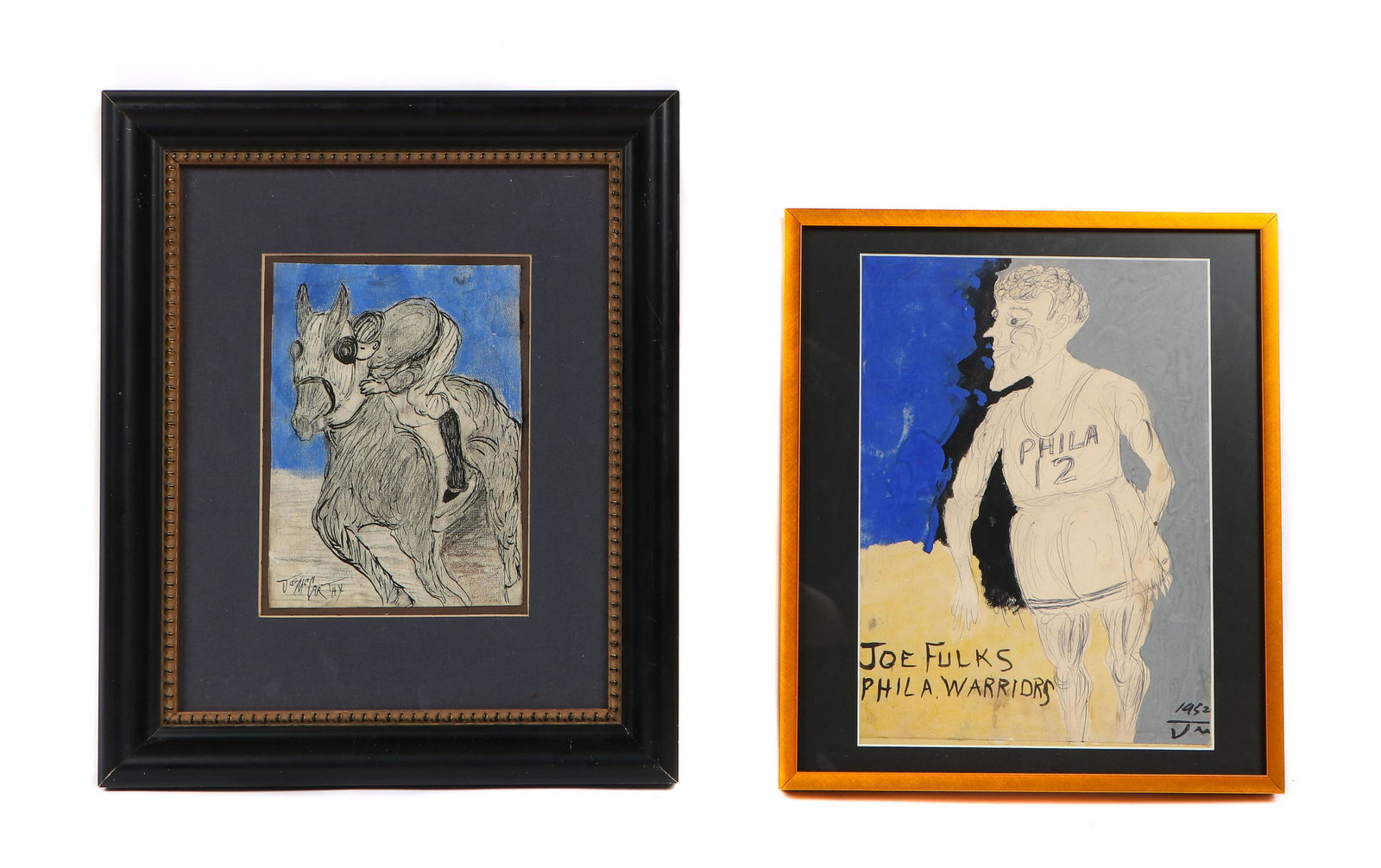 Justin McCarthy (American, 1891-1977) Two Sports Works: Justin McCarthy (American, 1891-1977) Including: 1) "Jockey On a Horse," mixed media on paper, signed. ramed. Size: 8'' x 6'', 20 x 15 cm (sheet); 15'' x 12'', 38 x 30 cm (frame); 2) "Joe Fulks Phila