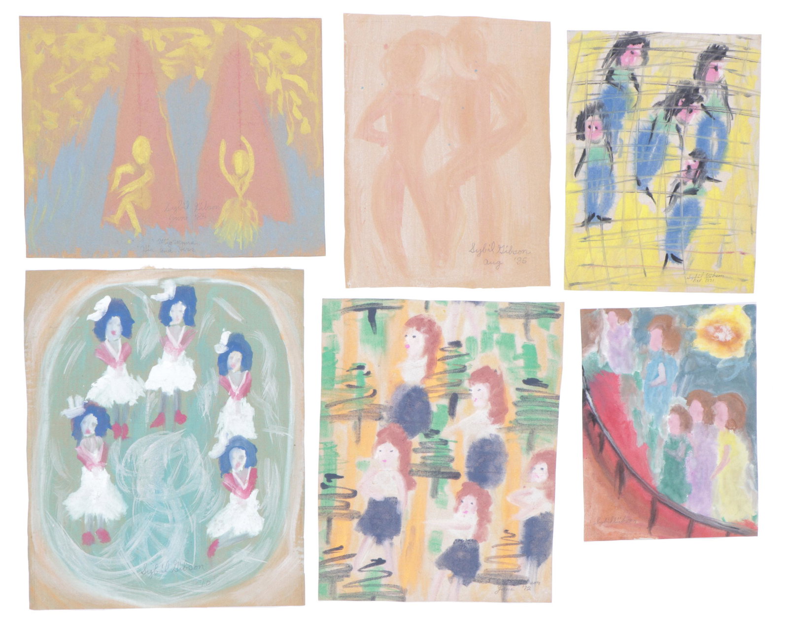 Sybil Gibson (American, 1908-1995) Six (6) Pastels: Sybil Gibson (American, 1908-1995) Six (6) Pastels, on found paper, signed. Unframed. Ranging in Size from: 16.5'' x 12.5'', 42 x 32 cm (sheet) to 23.5'' x 19'', 60 x 48 cm (sheet).