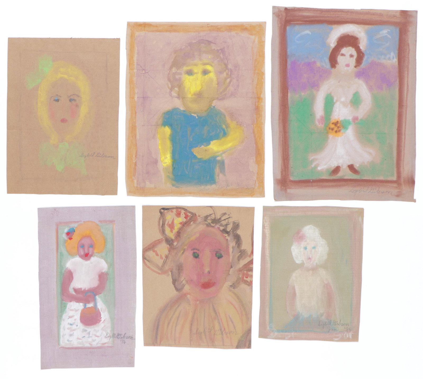 Sybil Gibson (American, 1908-1995) Six (6) Pastels: Sybil Gibson (American, 1908-1995) Six Pastels. On found paper, signed. Unframed. Ranging in Size from: 16.5'' x 12.5'', 42 x 32 cm (sheet) to 24'' x 18'', 61 x 46 cm (sheet).