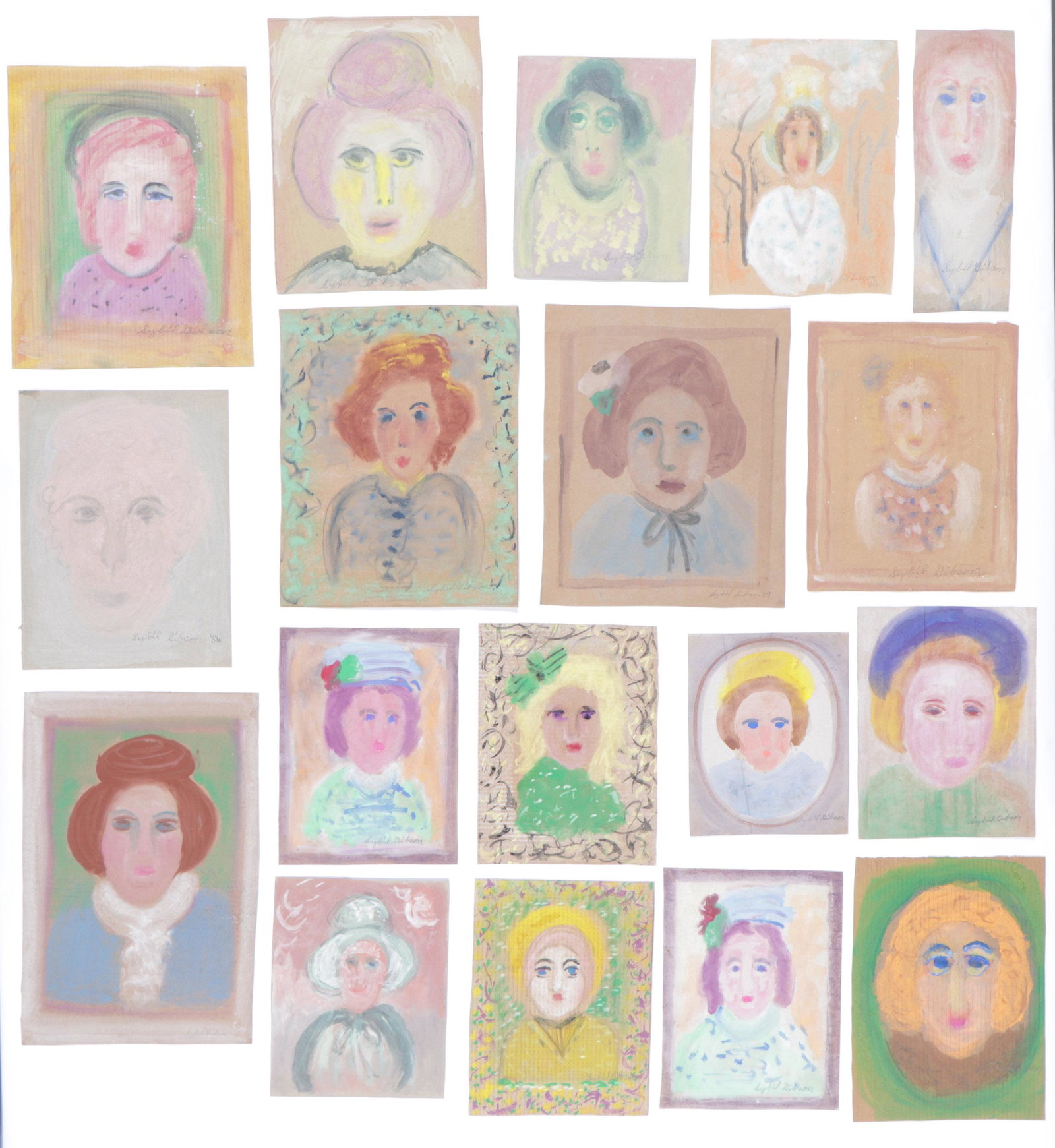 Sybil Gibson (American, 1908-1995) Eighteen (18): Sybil Gibson (American, 1908-1995) Eighteen (18) Pastels, on found paper, signed. Unframed. Ranging in Size from: 13.5'' x 11'', 34 x 28 cm (sheet) to 23.5'' x 15.5'', 60 x 39 cm (sheet).