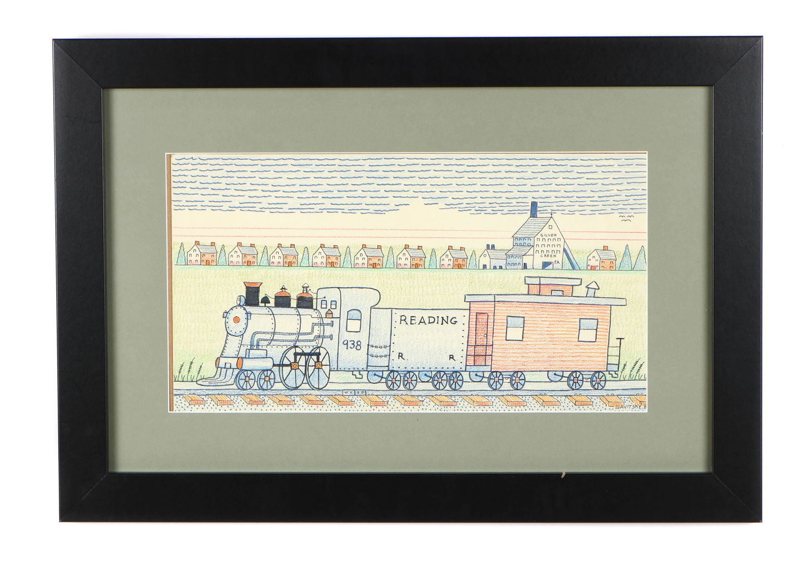 Jack Savitsky (American, 1910-1991): Jack Savitsky (American, 1910-1991) "Reading Railroad," 1985, mixed media, signed and dated. Framed. Size: 11.5'' x 21.5'', 29 x 55 cm (sight); 22'' x 32'', 56 x 81 cm (frame).