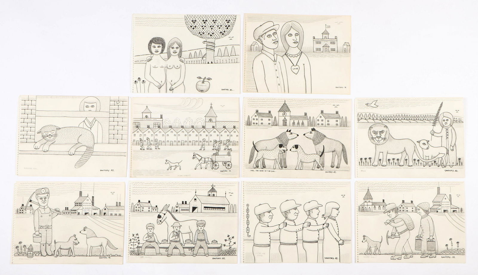 Jack Savitsky (American, 1910-1991) 10 Drawings: Jack Savitsky (American, 1910-1991) 10 Drawings, 1971-1982, ink and graphite, signed notebook pages. Unframed. Size: 9'' x 12'', 23 x 30 cm (sheet).