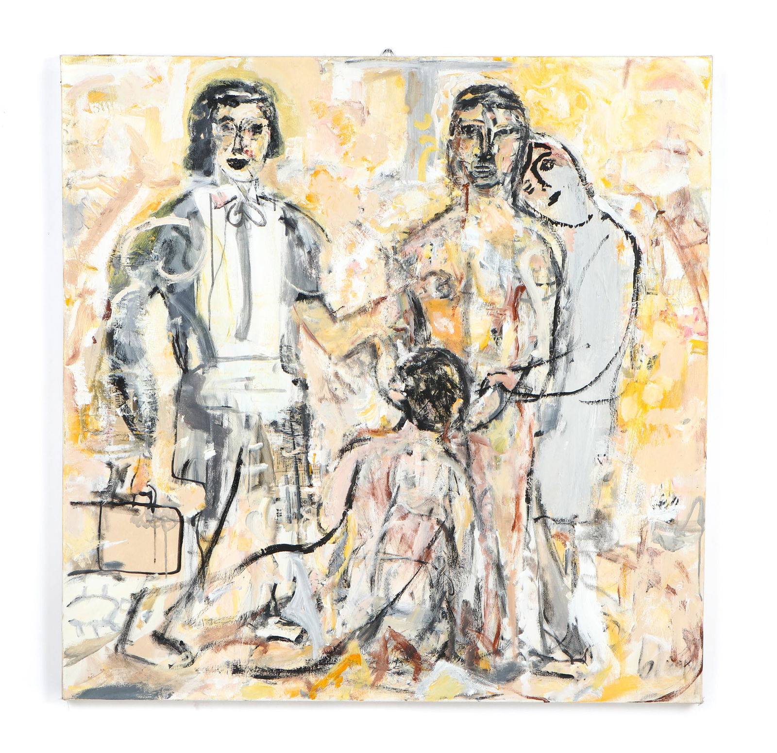 Jim Bloom (American, b. 1968): Jim Bloom (American, b.1968) "Versatile Jesus," mixed media painting on canvas, signed, titled on side. Unframed. Size: 48'' x 48'', 122 x 122 cm (stretcher).