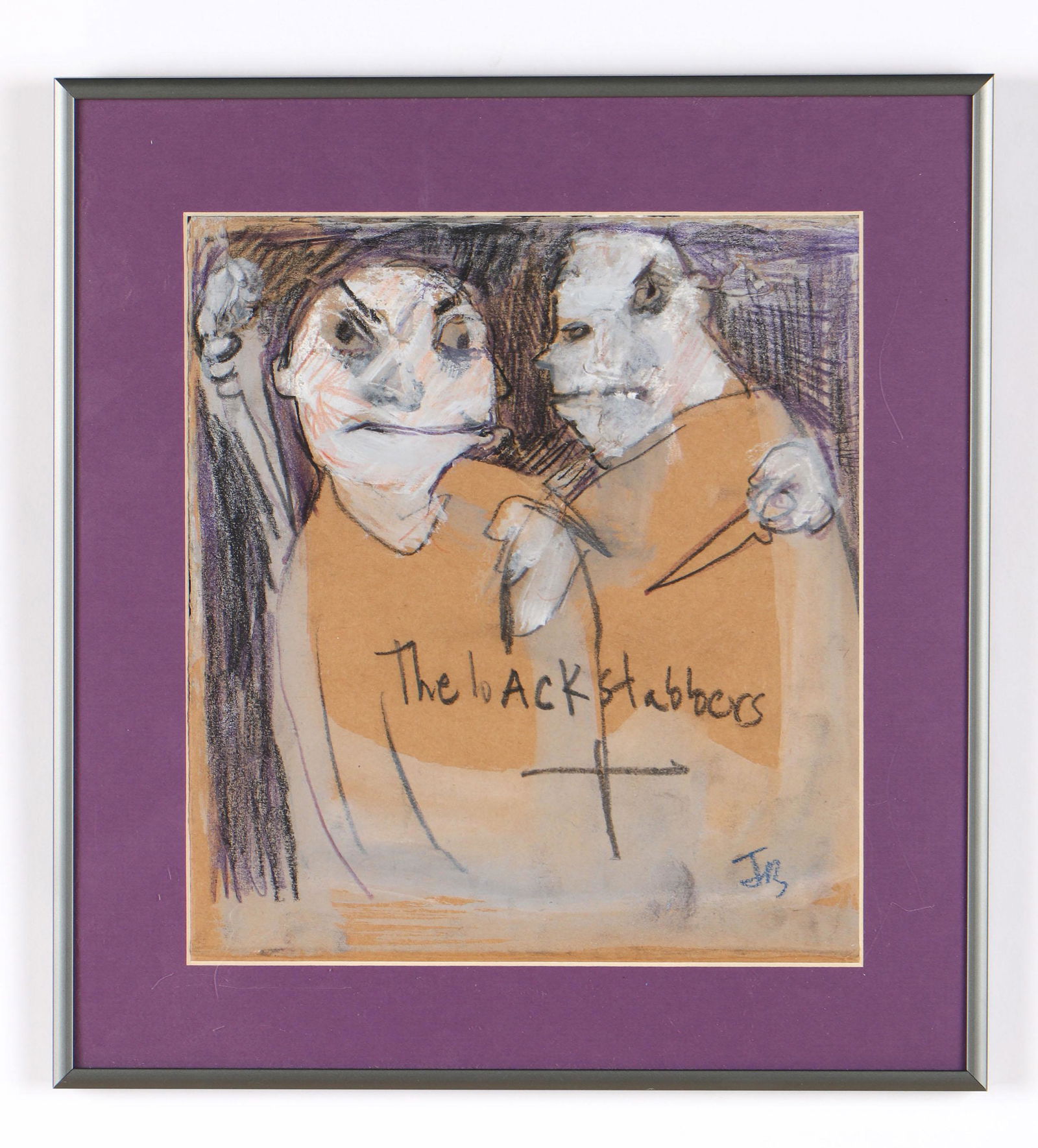 Jim Bloom (American, b.1968): Jim Bloom (American, b.1968) "The Back Stabbers," mixed media on paper, double-sided, signed with initials. Framed. Size: 9.75'' x 9.75'', 25 x 25 cm (sight); 13'' x 12'', 33 x 30 cm (frame).