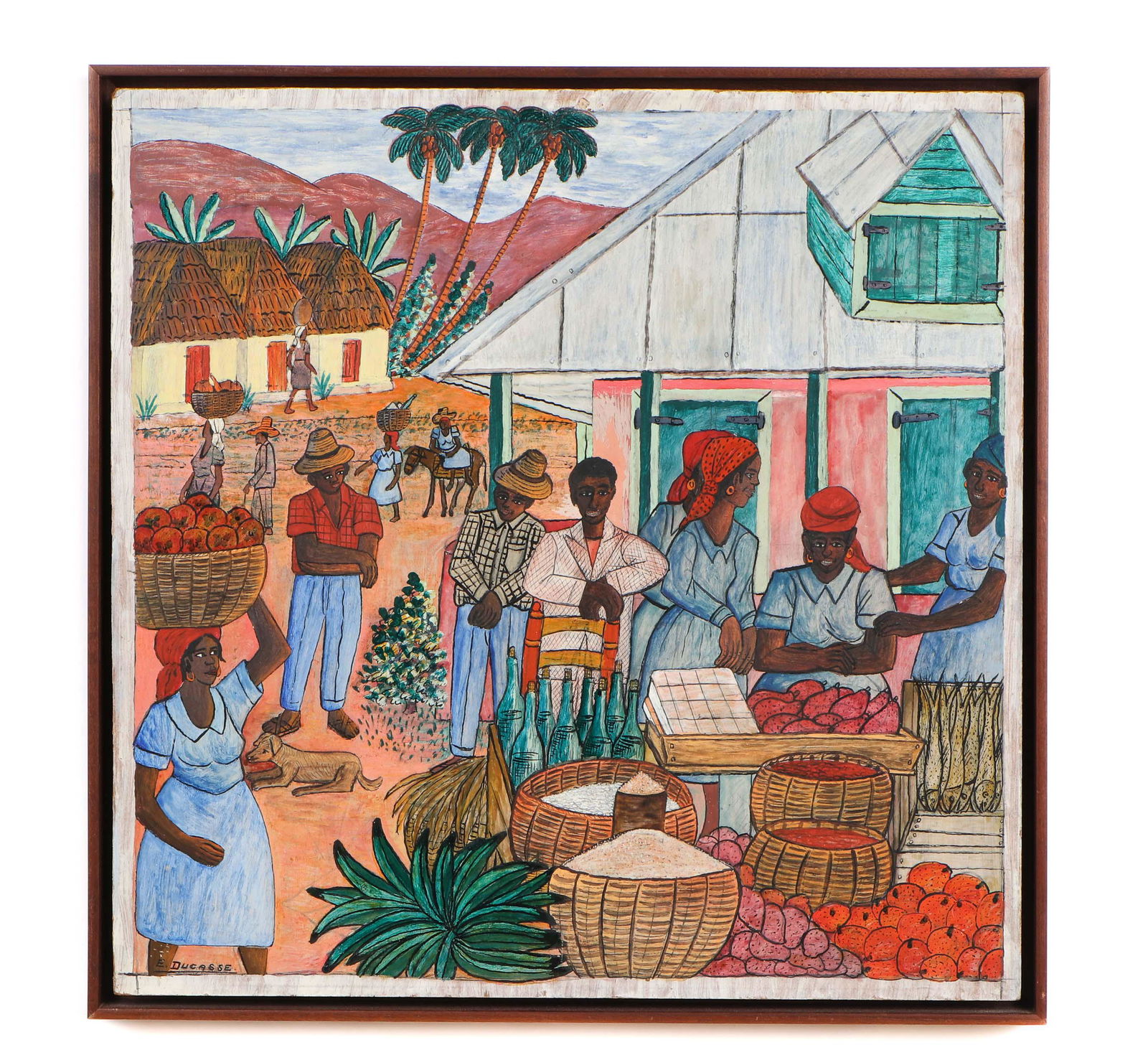 Gervais Emmanuel Ducasse (Haitian/Port-au-Prince,: Gervais Emmanuel Ducasse (Haitian/Port-au-Prince, 1903-1988) Market Intrigue, painting on masonite, signed. Framed. Size: 24'' x 24'', 61 x 61 cm (board); 25.25'' x 25.25'', 64 x 64 cm (frame). Proven
