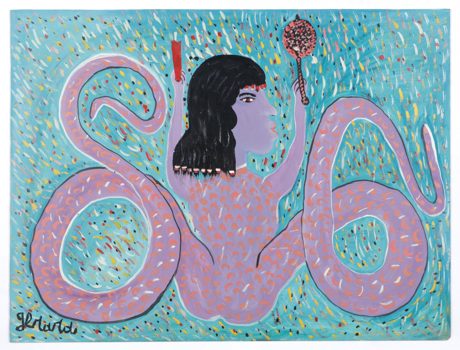 Gerard Fortune (Haitian, b. 1933) Painting: Gerard Fortune (Haitian/Petionville, b. 1933) "Femme Dambalah," 1982, oil painting on board, signed. Unframed. Size: 24'' x 32'', 61 x 81 cm (board).