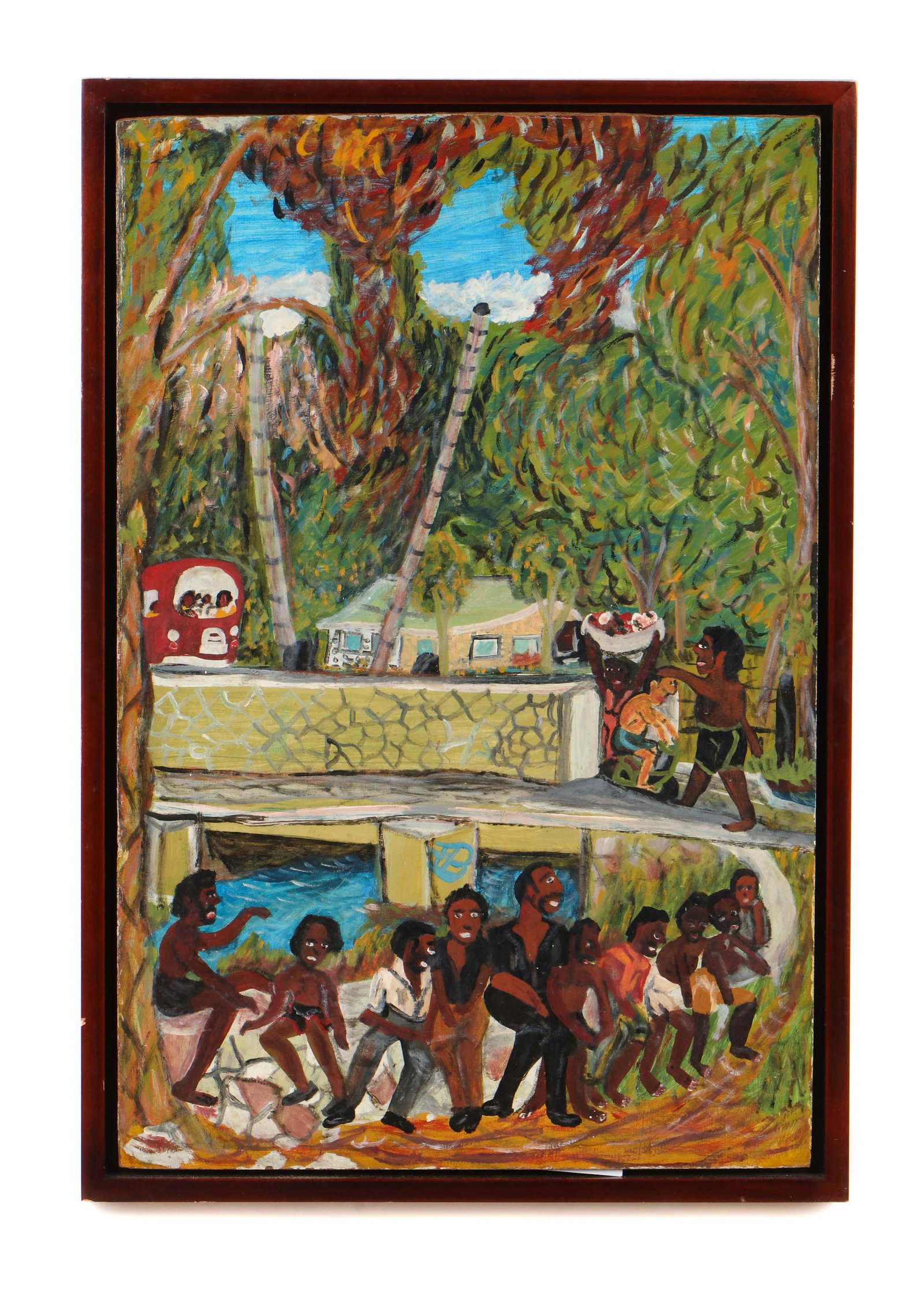 Haitian School (20th Century): Unknown Haitian Artist (unsigned). Untitled (Village People and Van Approaching), acrylic on board. Framed. Provenance: The Jonathan Demme Collection. Size: 23.75'' x 15.75'', 60 x 40 cm (board); 25.2