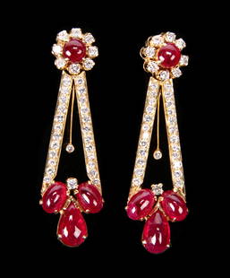 Handcrafted 18k Yellow Gold, Diamond & Ruby Earrings: Handcrafted 18k yellow gold cabochon cut diamond and ruby earrings. Weight 10.16 g. Each Size: 1.5'' x .5'' (4 x 1 cm). Provenance: Estate of Aviva and Jack Robinson, Bloomfield Hills, Michigan.