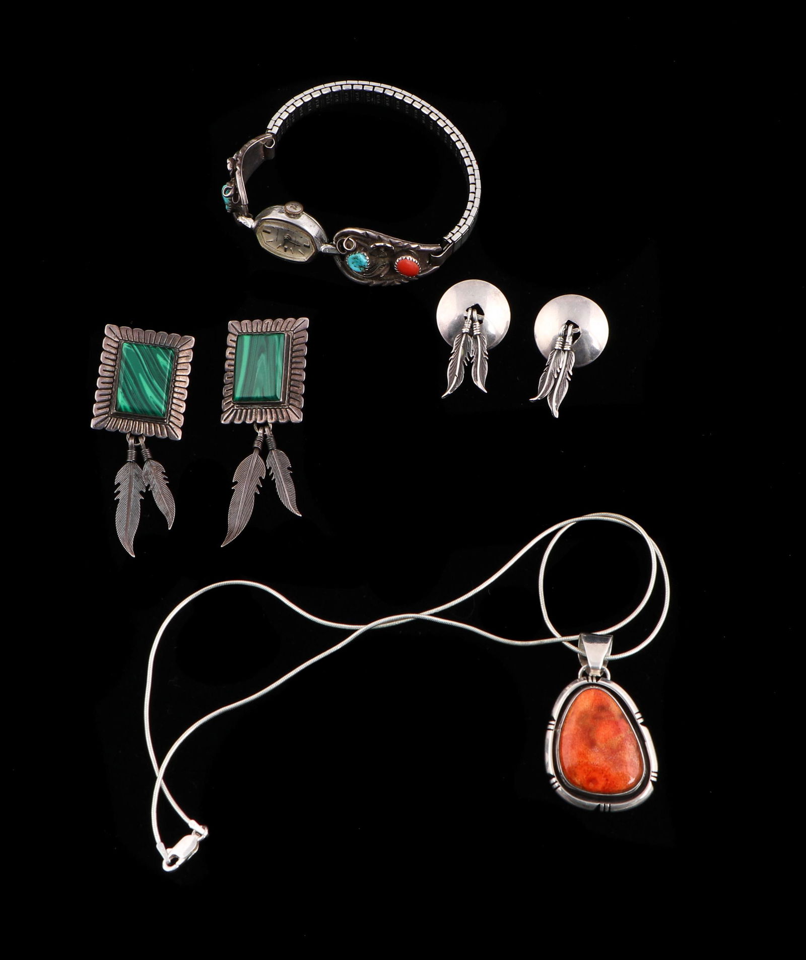 Native American Jewelry Lot: Native American Jewelry Lot. Including: Malachite earrings marked: QT sterling; .a .925 chain (17.5", 44 cm) with orange stone and silver pendant marked: RM Sterling; unmarked disk with feathers earri