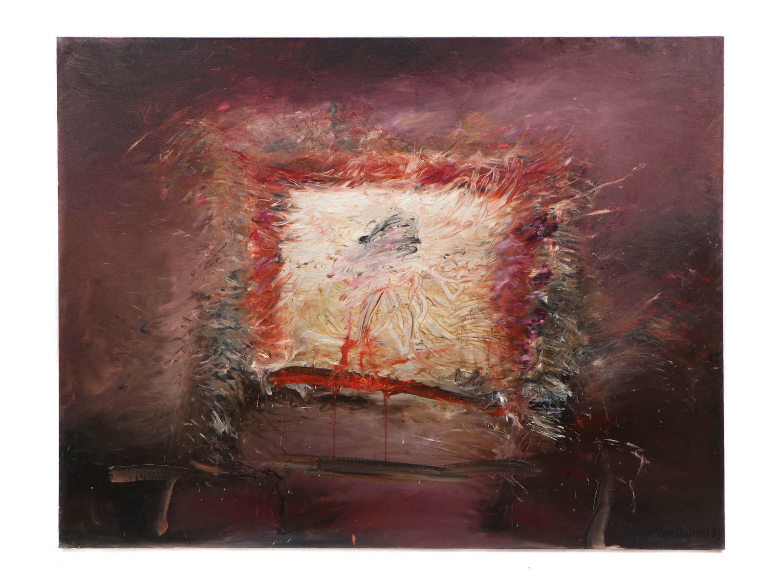Roger Van Ouytsel (Belgian/American, b.1941): Roger Van Ouytsel (Belgian/American, b.1941) "World News on T.V." 1985, oil on canvas, signed and dated. Unframed. Size: 47.5'' x 62'', 121 x 157 cm (stretcher). Provenance: Collection of Allan Stone,