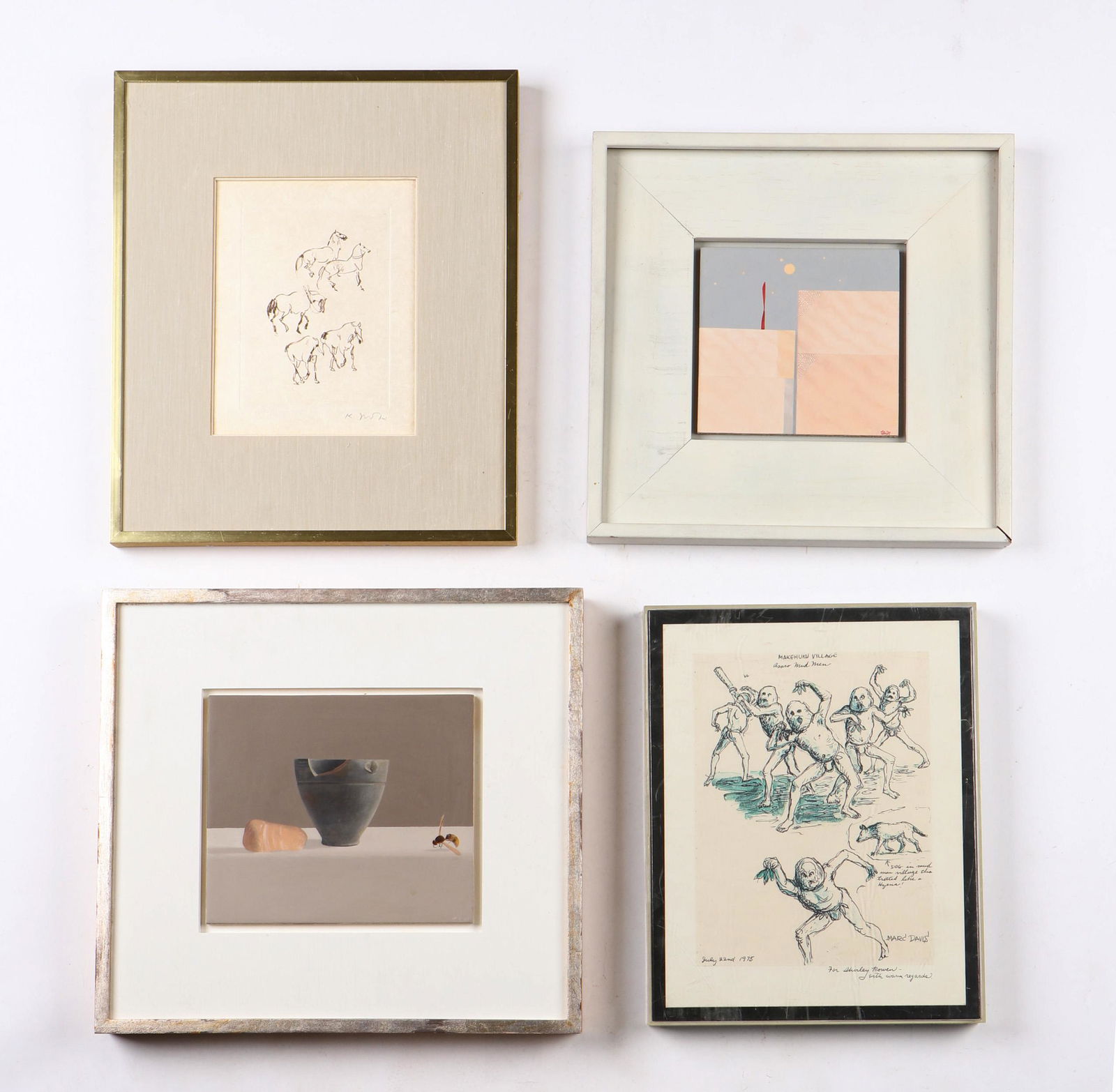 Group of 4 Artworks: Group of 4 Artworks. Including: 1) Kaiko Moti (Indian 1921-1989) "Horses," pen & ink, signed. Framed. 2) Artist unknown, "Still Life with Wasp," oil on board, initialed,. Framed; 3) Abstract, oil on b