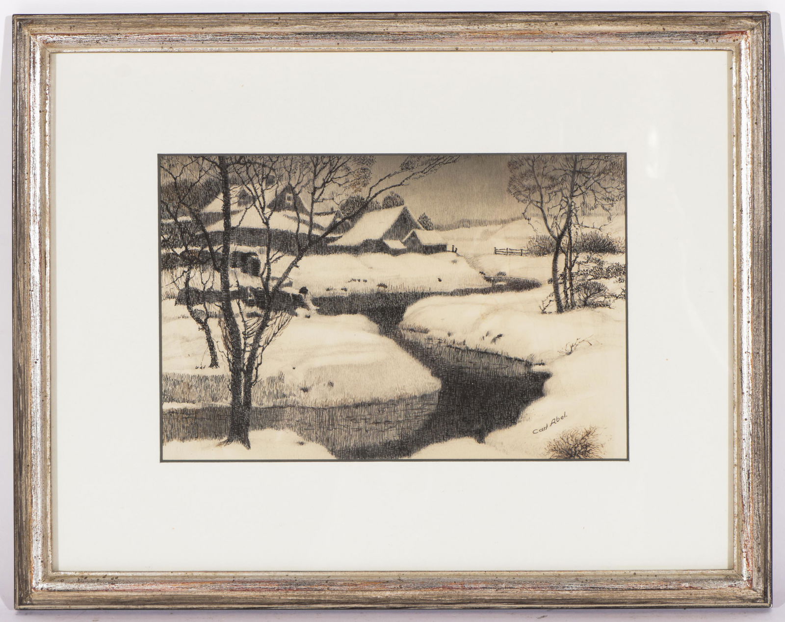 Carl Abel (American, 1875-1959) Pen & Ink Drawing: Carl Abel (American, 1875-1959) Untitled (Snowy Landscape with Stream), Pen & Ink drawing. Framed. Size: 6.5'' x 9.5'', 17 x 24 cm (sight); 12'' x 16'', 30 x 41 cm (board).