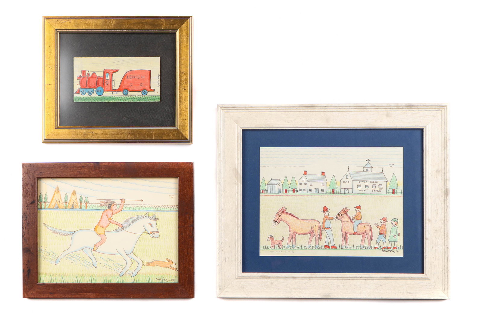 Jack Savitsky (American, 1910-1991) 3 Works: Jack Savitsky (American, 1910-1991) 3 Works on paper. Sizes ranging from: 3.3'' x 7'', 8 x 18 cm (sight); 10'' x 12'', 25 x 30 cm (frame) to 9'' x 11.5'', 23 x 29 cm (sight); 15.5'' x 18.5'', 39 x 47