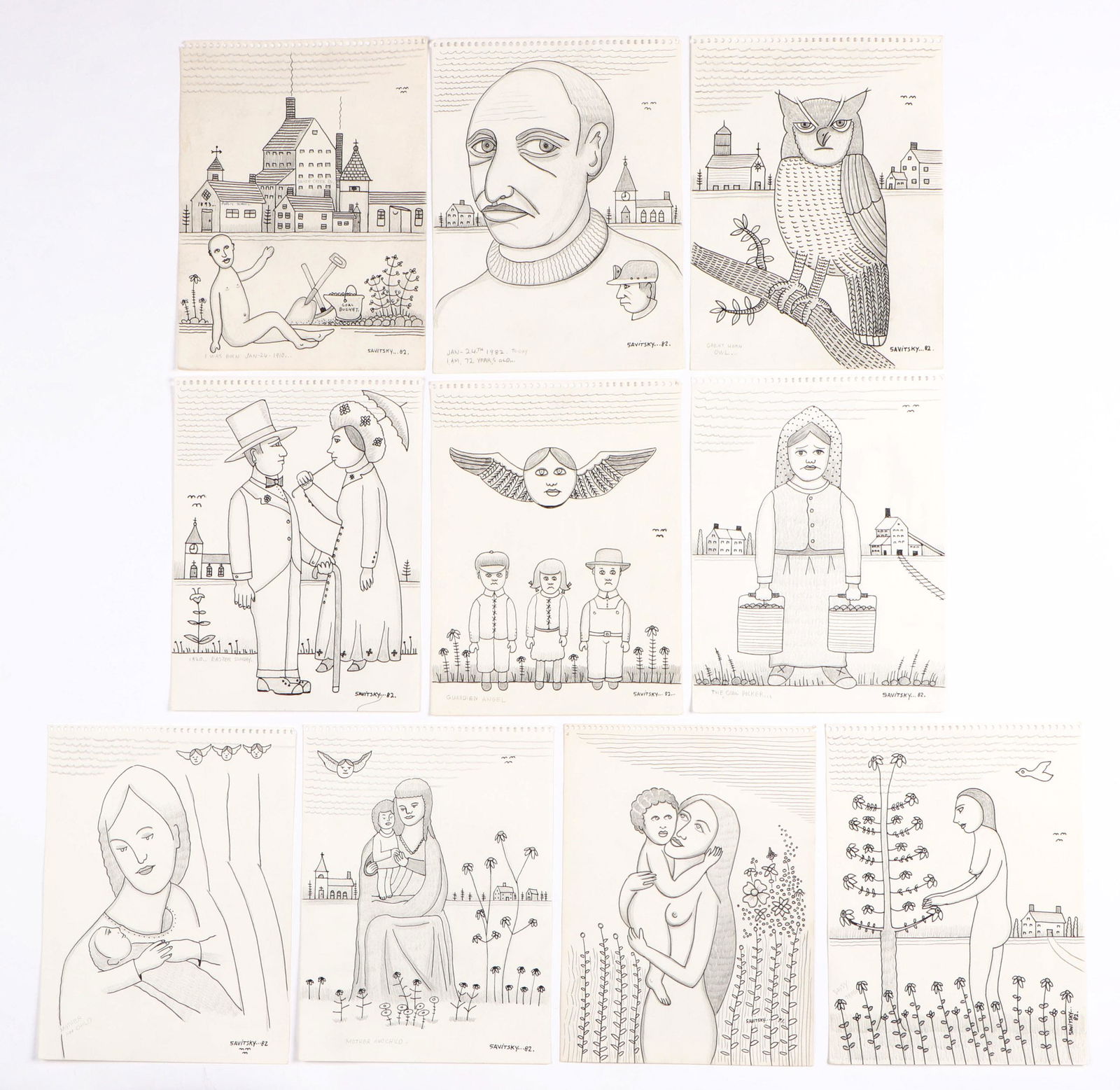 Jack Savitsky (American, 1910-1991) 10 Drawings: Jack Savitsky (American, 1910-1991) 10 Drawings, 1982, ink and graphite, signed notebook pages. Unframed. Each Size: 12'' x 9'', 30 x 23 cm (sheet).