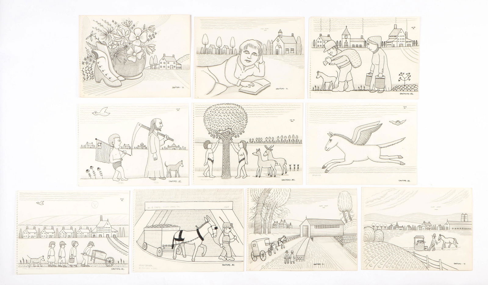 Jack Savitsky (American, 1910-1991) 10 Drawings: Jack Savitsky (American, 1910-1991) 10 Drawings, 1971-1982, ink and graphite, signed notebook pages. Unframed. Each Size: 9'' x 12'', 23 x 30 cm (sheet).