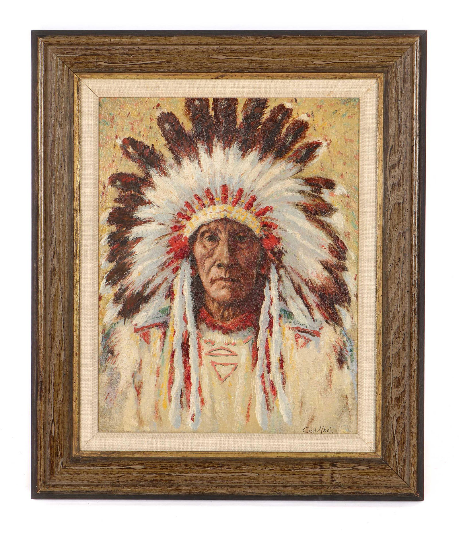 Carl Abel (American, 1875-1959) Oil Painting: Carl Abel (American, 1875-1959) "Native American Chief," oil painting on canvas, signed. Framed. Size: 14'' x 11'', 36 x 28 cm (board); 19'' x 16'', 48 x 41 cm (frame).