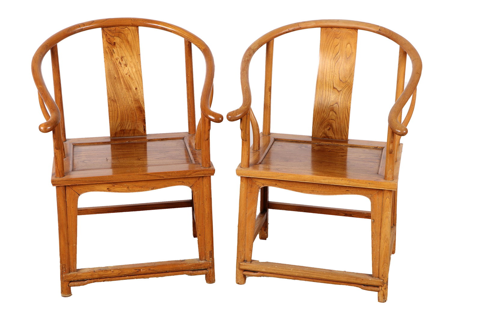 Pair of Chinese Elm Horeshoe Armchairs: Pair of Chinese Elm Horeshoe Chairs. Each Size: 39.5'' x 28'' x 26'' (100 x 71 x 66 cm). Provenance: Acquired from Sotheby's Arcade Auction, NY.