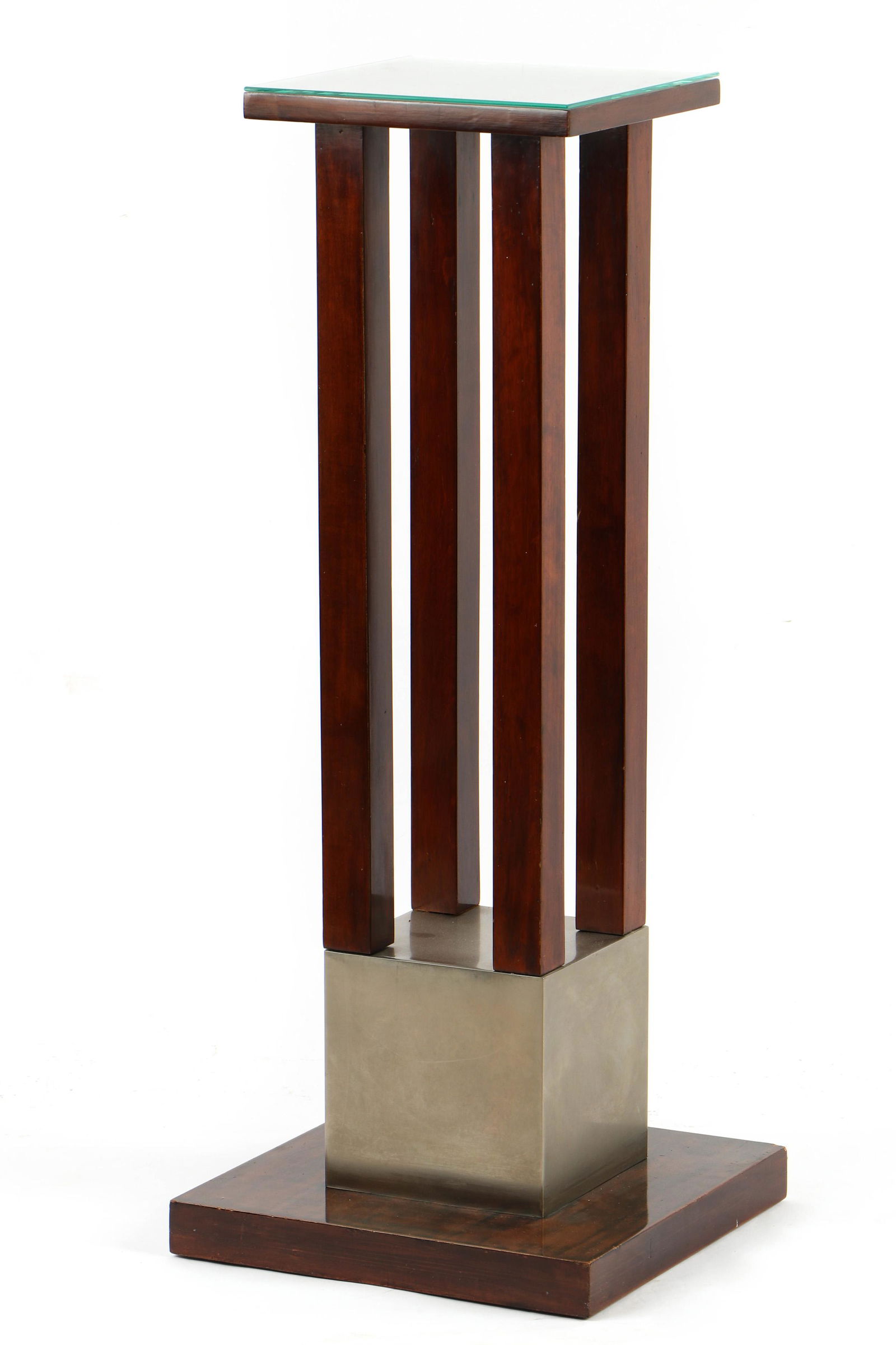French Art Deco Mahogany and Nickel Pedestal: French Art Deco Mahogany and Nickel Pedestal designed by Robert Mallet-Stevens. Size: 37.5'' x 15'' x 15'' (95 x 38 x 38 cm). Provenance: Ex. Collection Phyllis Rose and Laurent de Brunhoff.