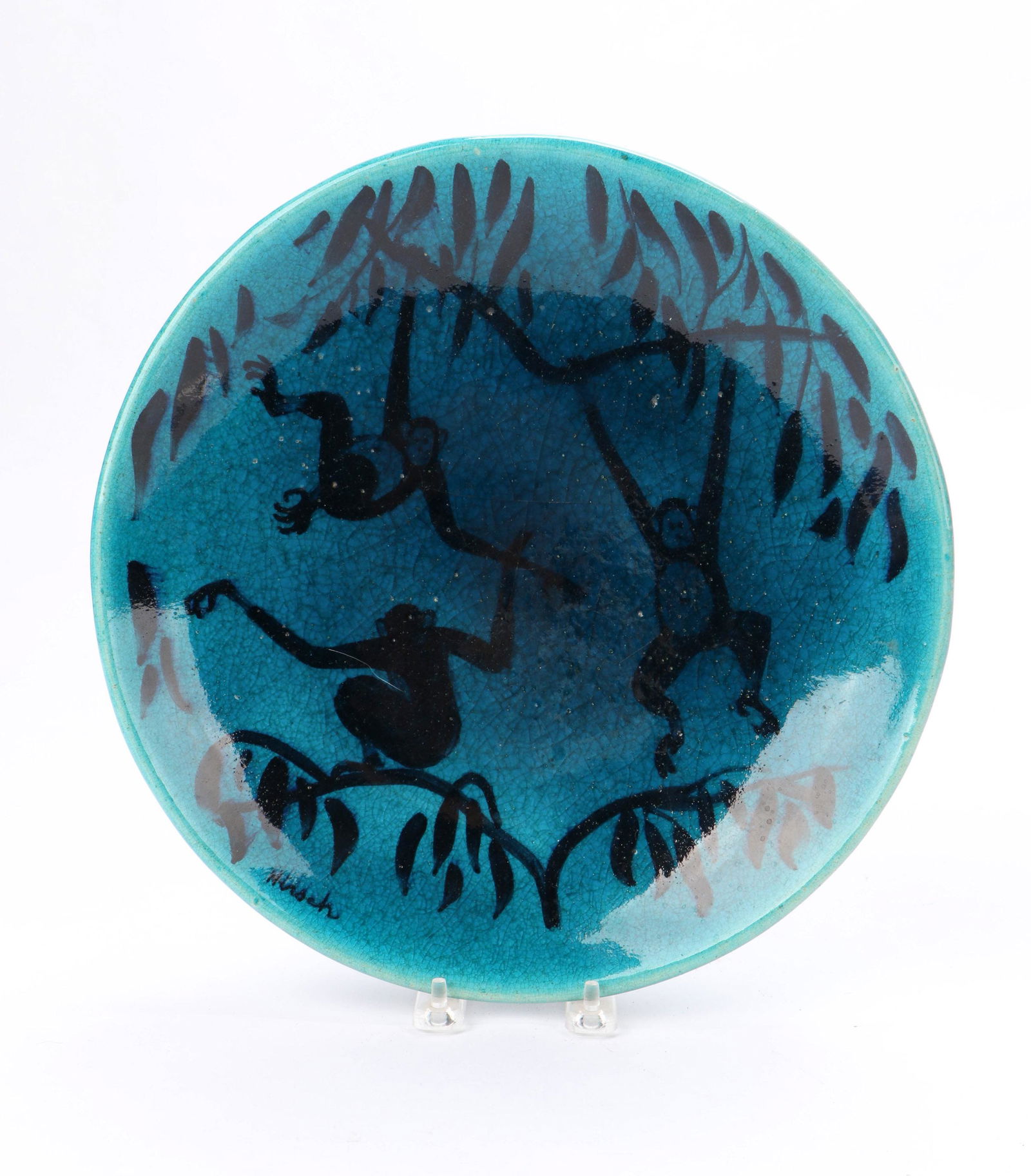 AAA Stonelain Art Pottery Charger, Joseph Hirsch: AAA Stonelain Art Pottery Charger, signed: Joseph Hirsch (1910-1981), blue glaze ground, with hand painted monkeys and vines. Size: 12'' x 12'' x 2.5'' (30 x 30 x 6 cm).