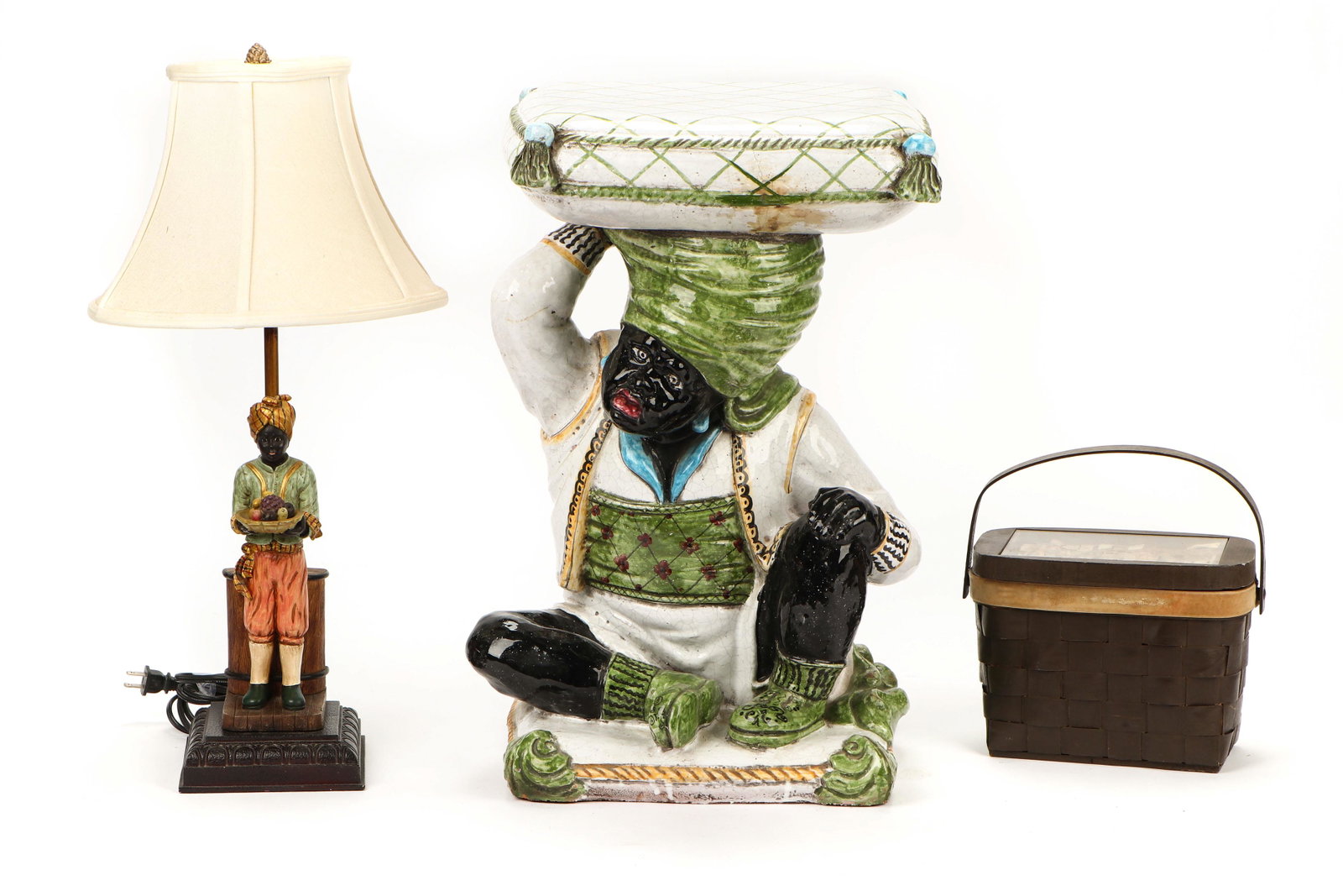 Collector's Lot: Collector's Lot. Incuding: 1) Italian Majolica Blackamoor Garden Stool. Glazed terracotta. Size: 23'' x 14.5'' x 15'' (58 x 37 x 38 cm); 2) Vintage Blackamoor Table Lamp. Cast resin. Size: 24'' x 6.25