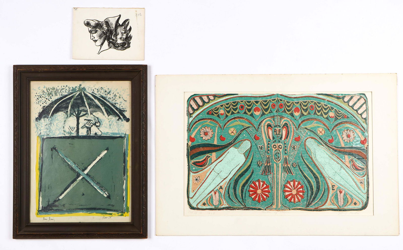 3 Works by Jack Gerber (b.1927) & Peter Paone (b.1936): Jack Gerber (American, b.1927) "Garden of Eden," 1968, mixed media, signed. "Faces," drawing; Peter Paone, "Rain, Rain," 1958, painting on paper, signed and dated. Framed. Sizes: 1) 16.5'' x 11.75'',