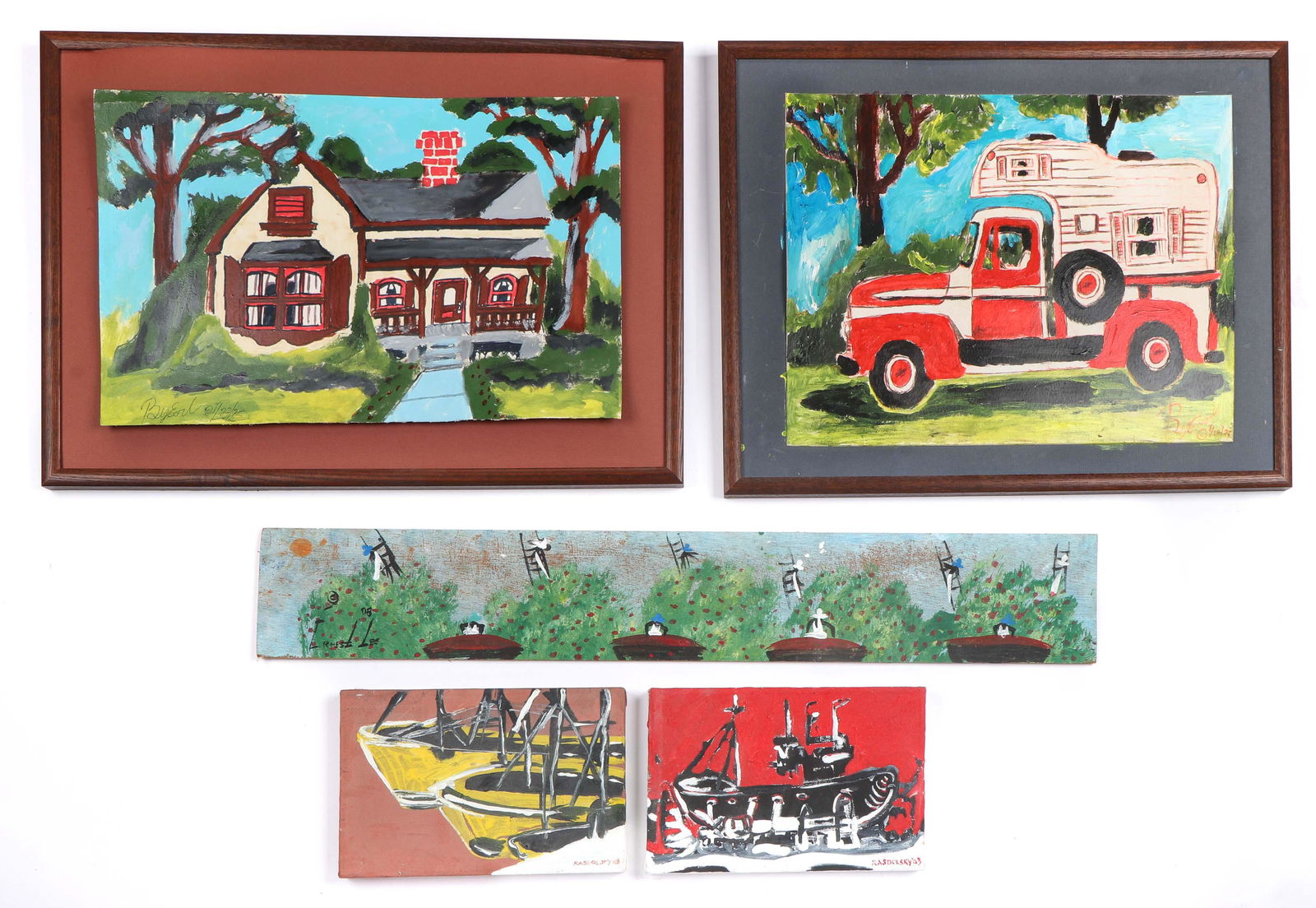 5 Assorted Outsider Artworks by Various Artists: 5 Assorted Outsider Artworks by Various Artists. Including two by Earl; one by Ernest Lee (The Chicken Man) and two by Rasdolsky (South American). Ranging in Size: 8'' x 12'', 20 x 30 cm (canvas) to 1