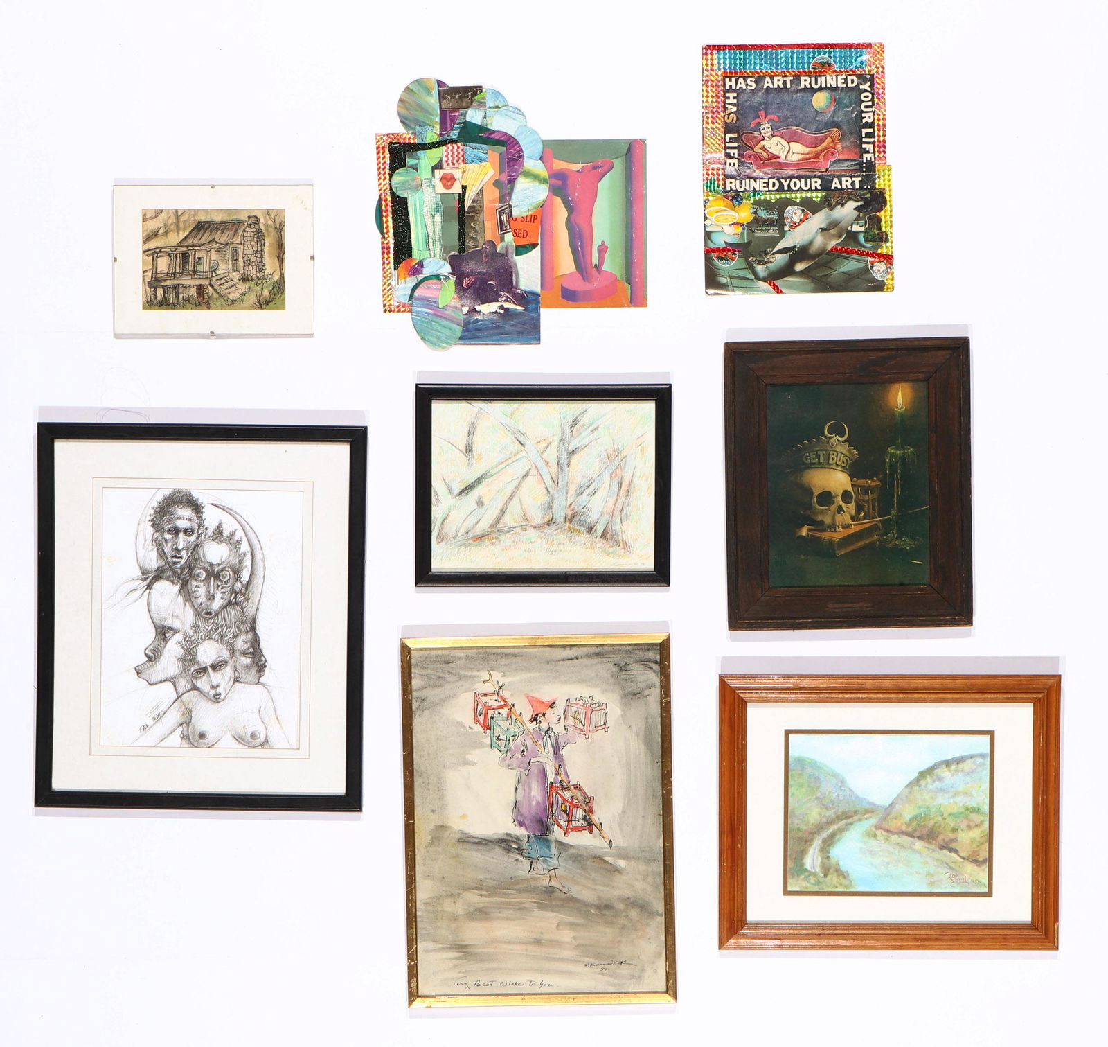 Group of 8 Artworks: Group of 8 Artworks. Including: Errol Lewis, "Masks of the African Diaspora V," pen and ink, signed. Framed; and various other artworks of assorted mediums. Sizes ranging from: 7'' x 9.5'', 18 x 24 cm