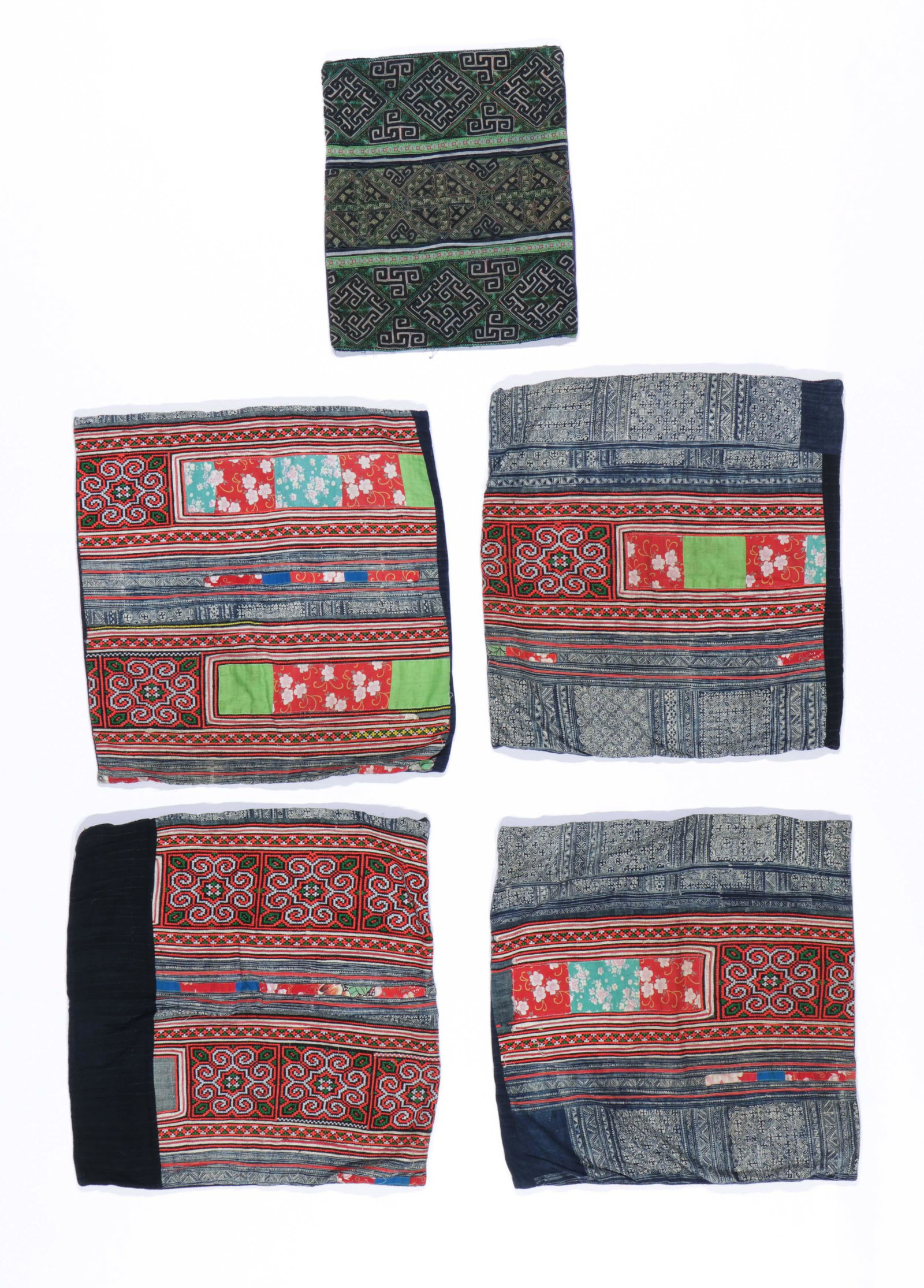 5 Chinese Minority Hmong Textile Pillow Cases: 5 Chinese Minority Hmong Textile Pillow Cases. Ranging in size from: 19'' x 16'' (48 x 41 cm) to 24.5'' x 24.5'' (62 x 62 cm). Provenance: Private South Carolina Collection. The Hmong are an ethnic gr