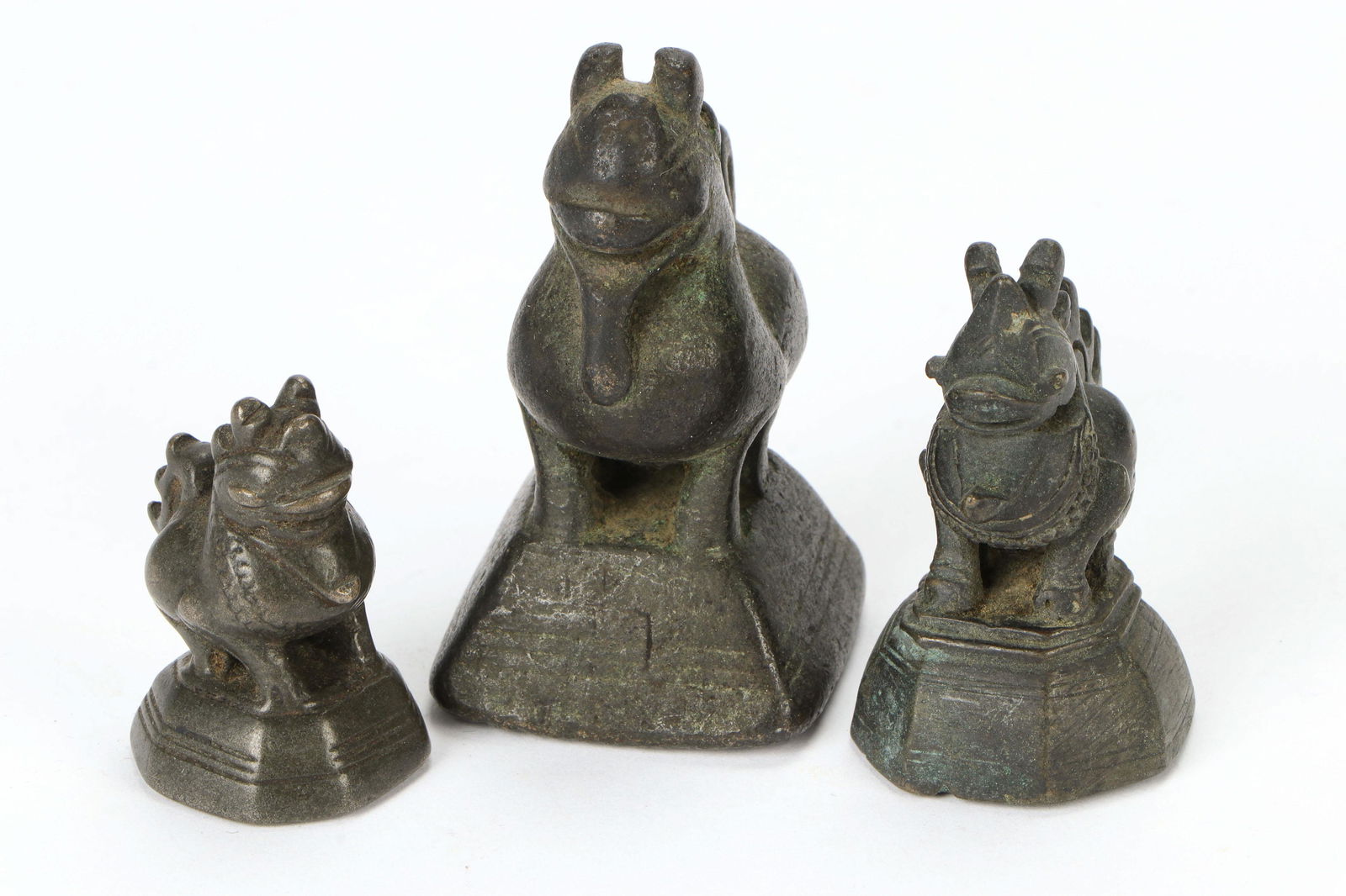 Three Antique Burmese Bronze Opium Beast Weights, (1 of 6)