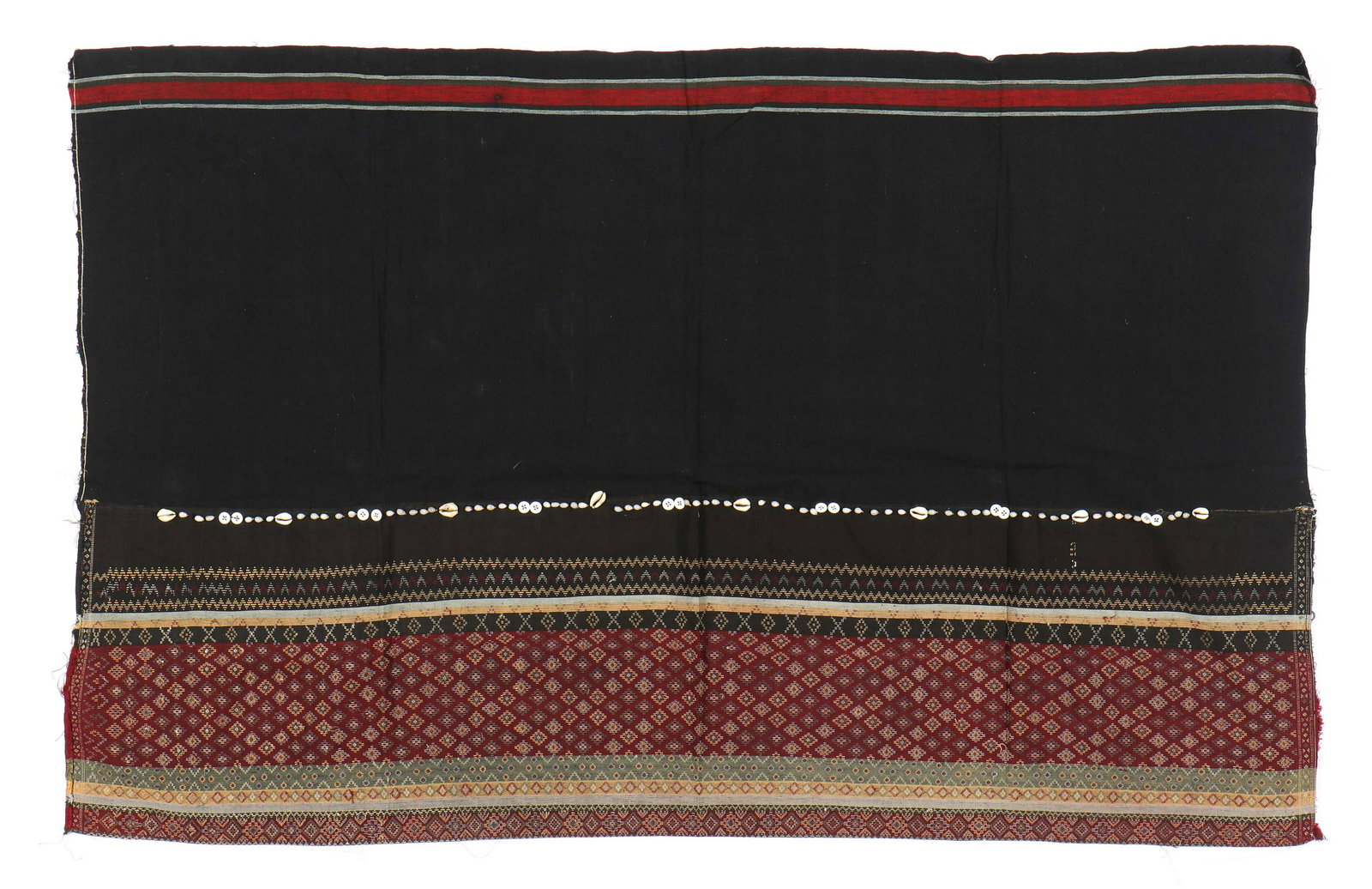 Haka Chin Silk and Cotton Skirt, Burma: Haka Chin silk and cotton skirt with buttons, seeds and cowry shells. Size: 31'' x 49'', 79 x 124 cm (cut).