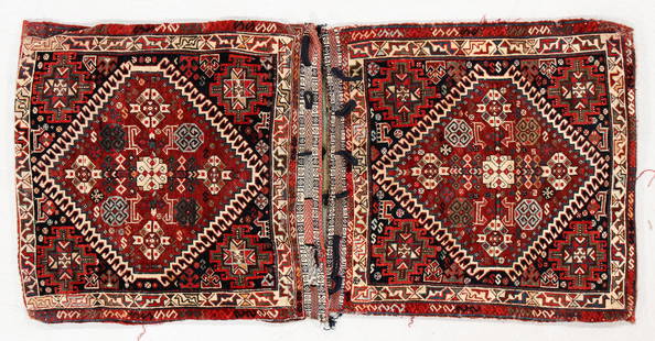 Complete Large Gashgai/Shekarlu Bags, Ca. 1875: Complete Large Gashgai/Shekarlu Bags w. Back, Ca. 1875, Persia. Wool on wool foundation. 2'3'' x 4'6'' (69 x 137 cm). Weight: 6 lbs