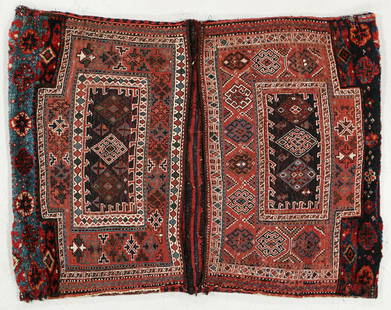Pair of Baktiari Joined Saddlebags, Persia, Early 20th: Pair of Baktiari Saddlebags, Persia, Early 20th C., 4'0'' x 3'1'' (122 x 94 cm). Weight: 11 lbs. Material: wool pile, wool warp, wool weft.