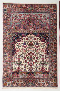 Kerman Prayer Rug, Persia, Early 20th C., 4'9'' x 7'7'': Kerman Prayer Rug, Persia, Early 20th C., 4'9'' x 7'7'' (145 x 231 cm). Weight: 20 lbs. Material: wool pile, cotton warp, cotton weft.