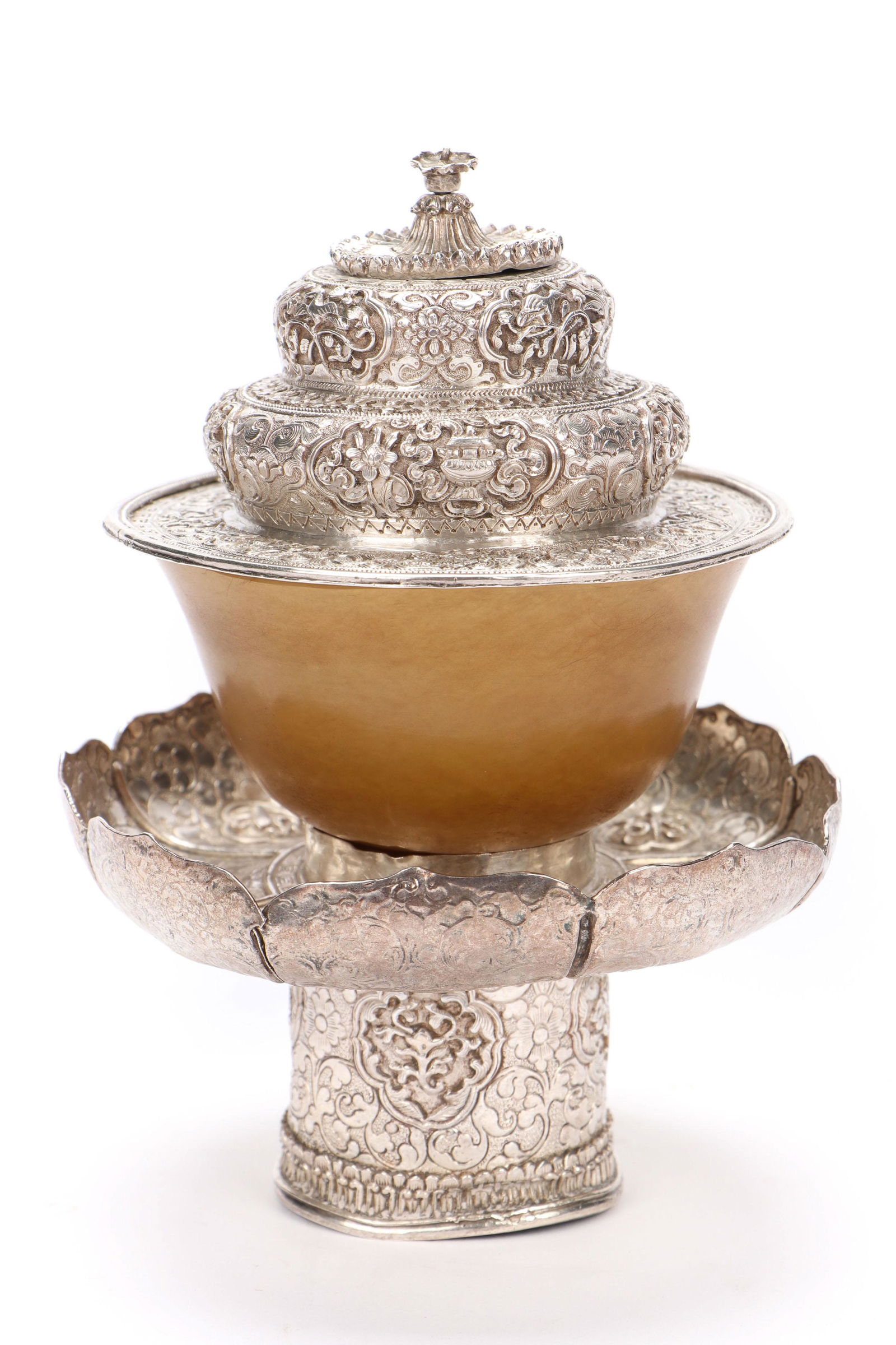 Antique Tibetan Silver and Jade Dhakya Butter Tea Cup (1 of 8)