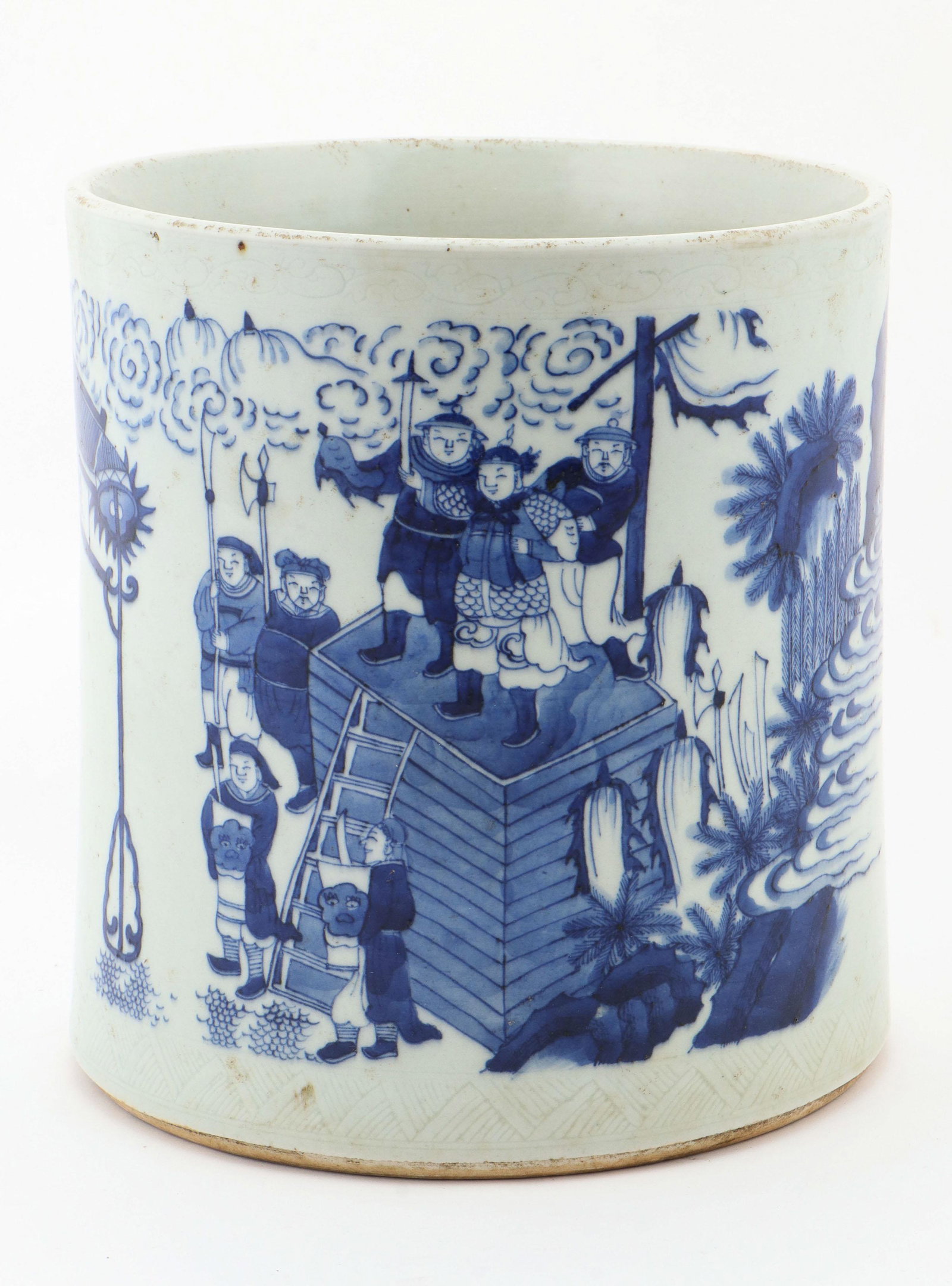 Chinese Blue & White Porcelain Brush Pot: Chinese Blue & White Porcelain Brush Pot. Unmarked. Size: 8'' x 7.5'' x 7.5'' (20 x 19 x 19 cm).