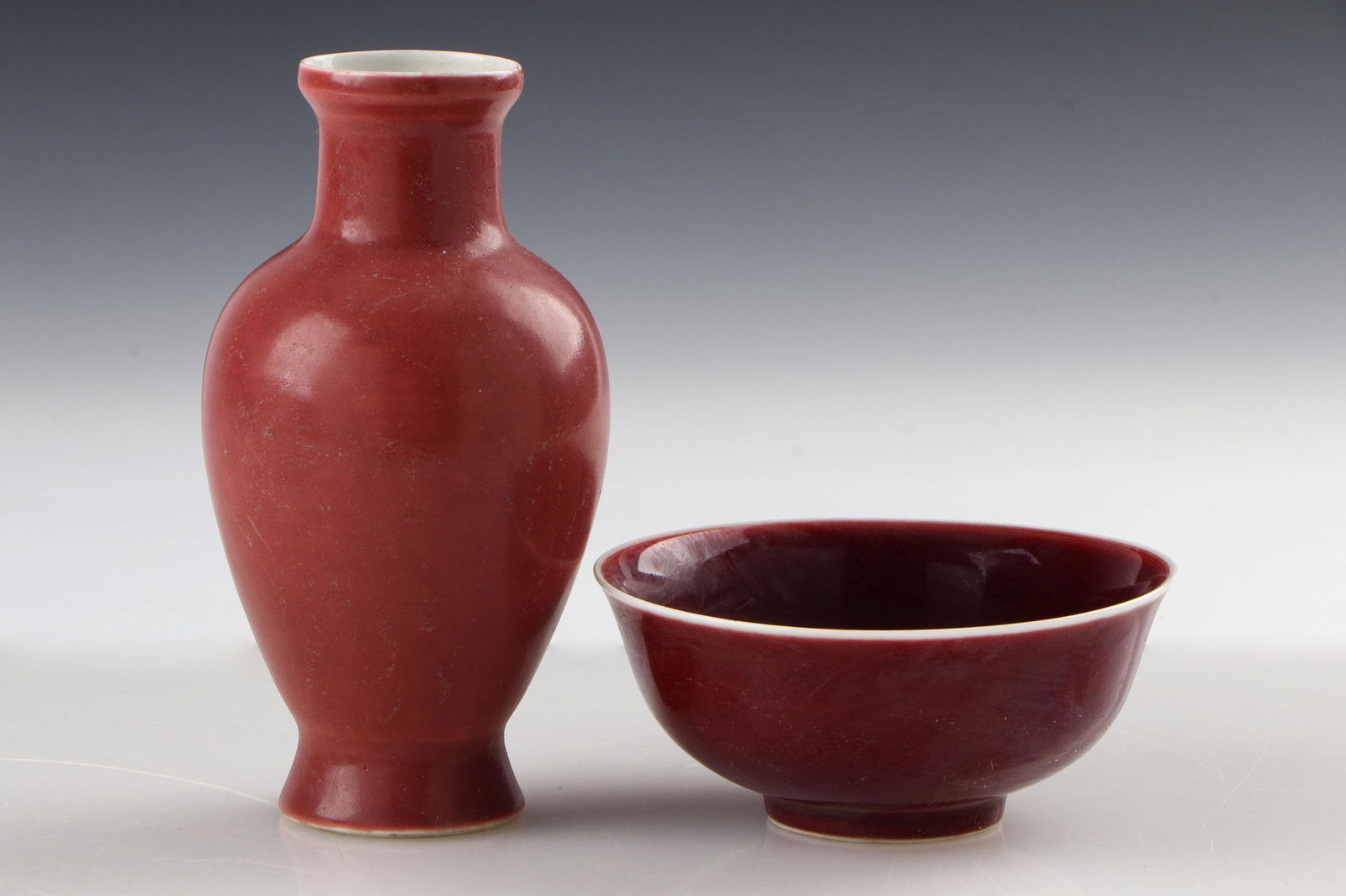Chinese Porcelain Peach Bloom Vase and Ox-Blood Bowl (1 of 6)