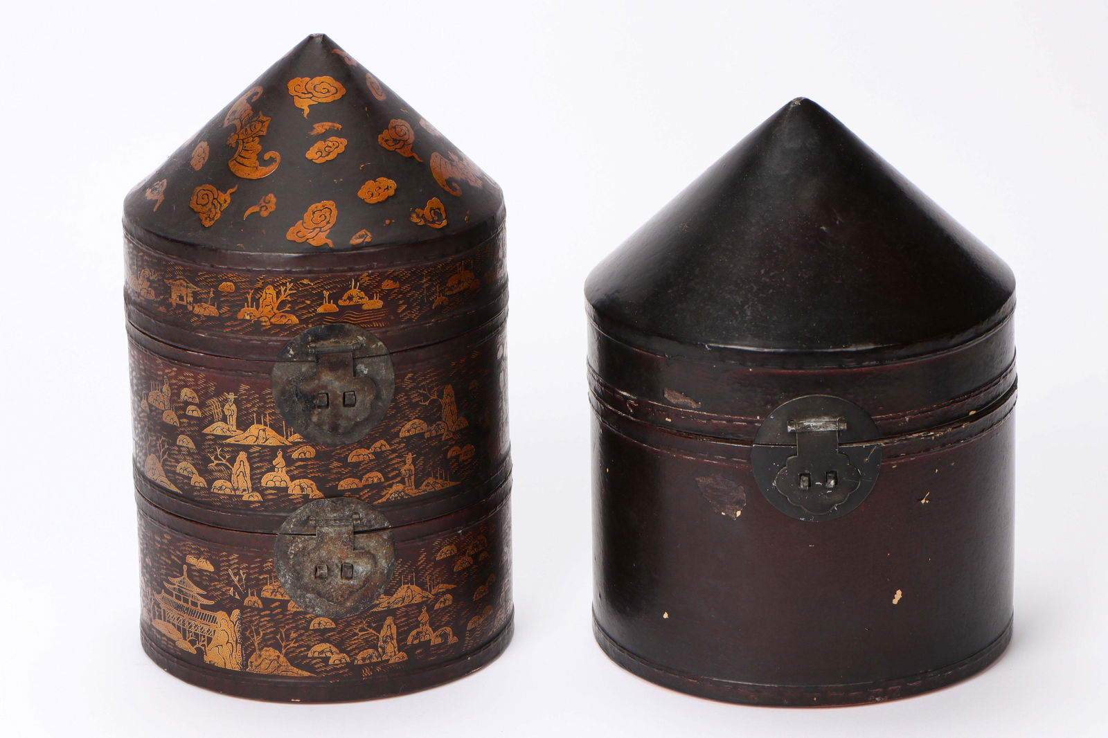 2 Antique Chinese Tiered Lacquered Leather Hat Boxes (1 of 8)