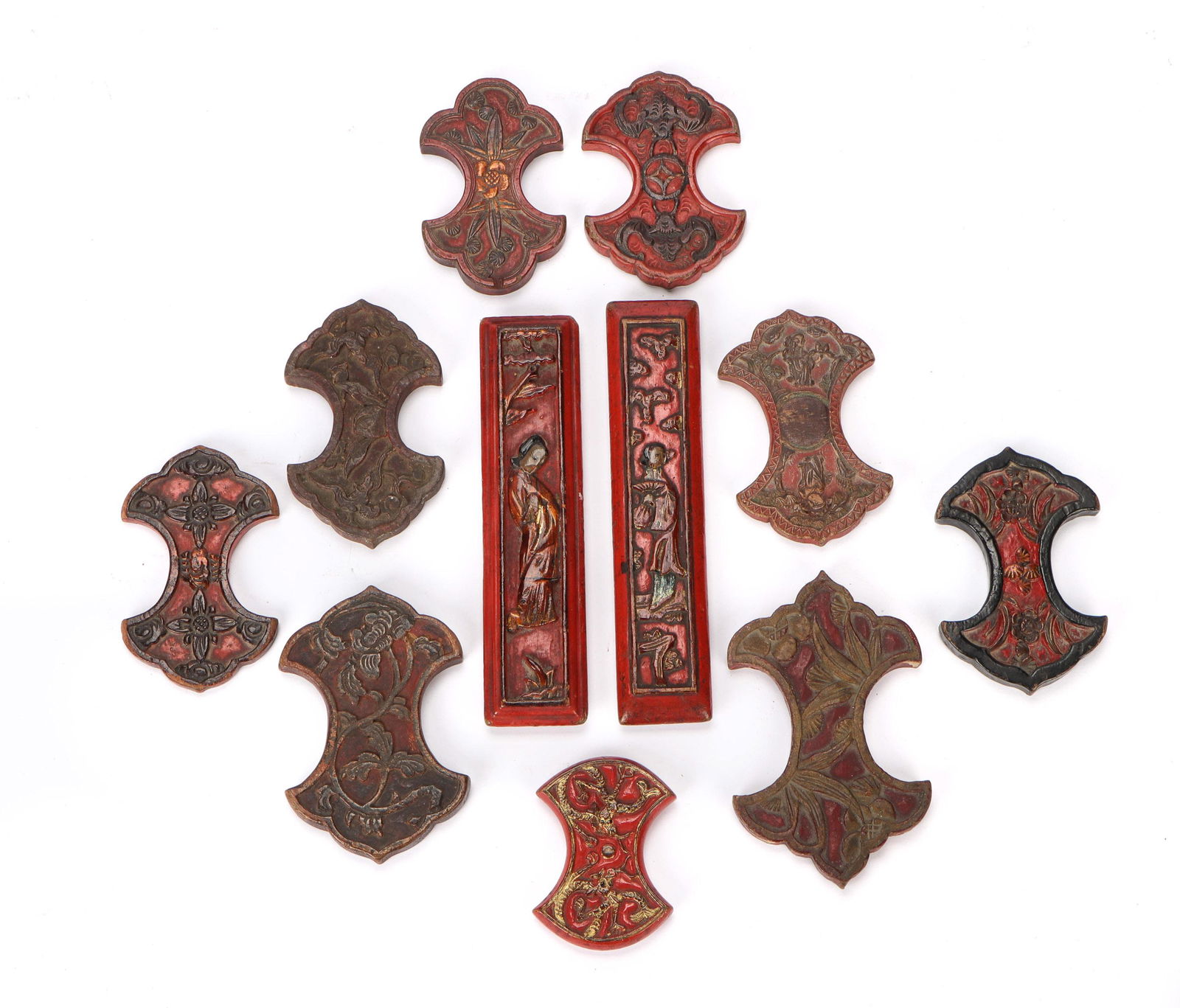 11 Chinese Lacquered and Carved Wood Thread Winders (1 of 8)