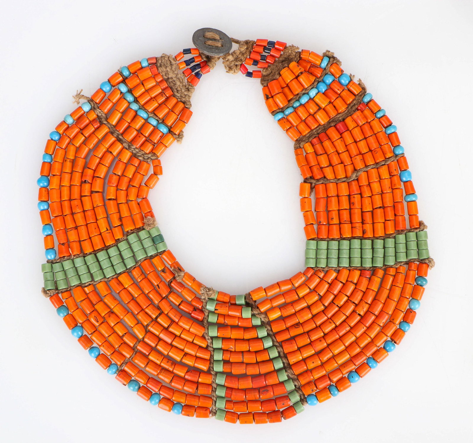 Konyak Naga 10-Strand Orange Tile Bead Necklace: Large orange tile bead bib necklace, 10 strand, original Konyak Naga bib style collar necklace of larger orange and rare green tile beads, with high status blue padre bead accents. Total Length: 19" (